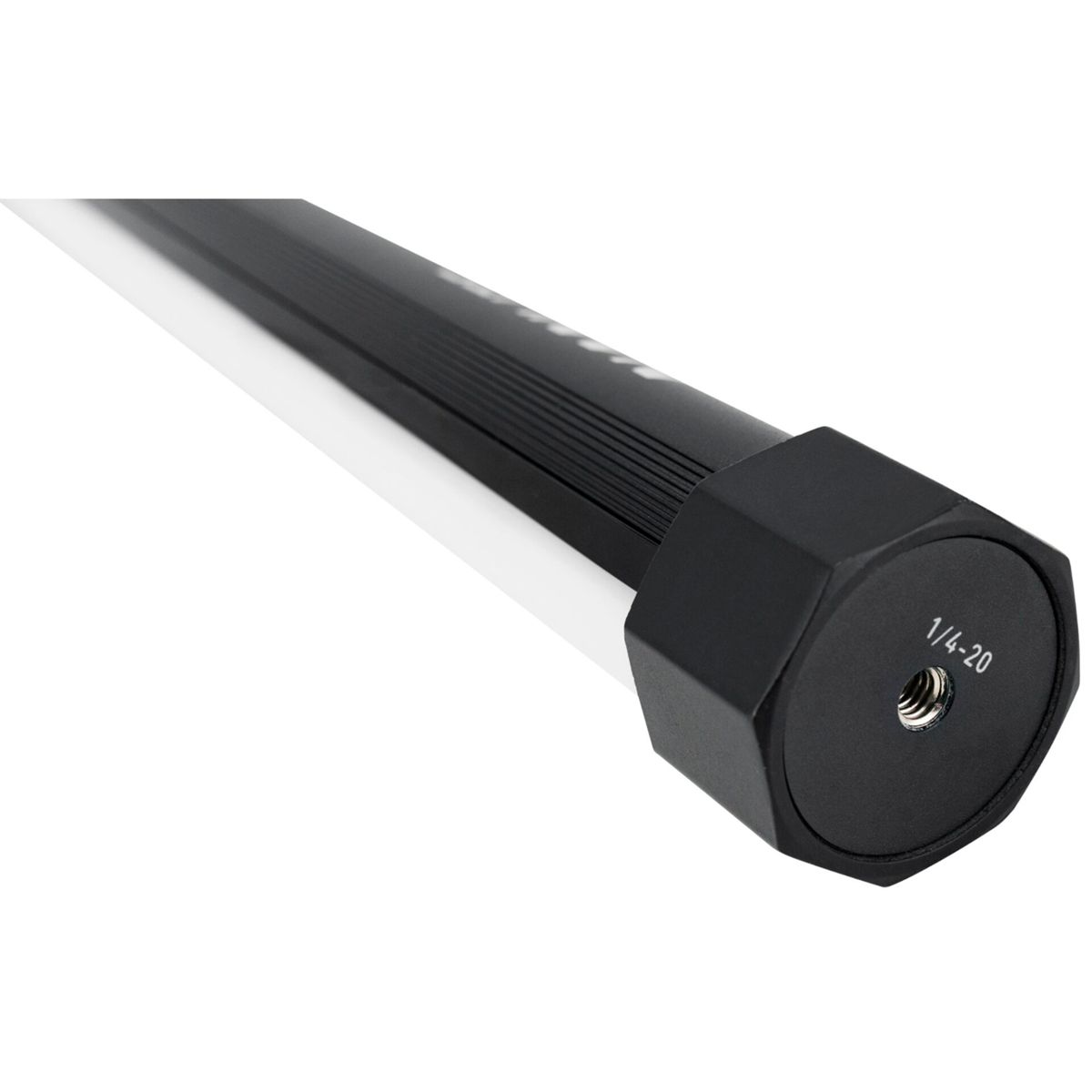Schwarzer, zylindrischer LED-Lichtstab. Abgewinkelt, mit Gewindeende.