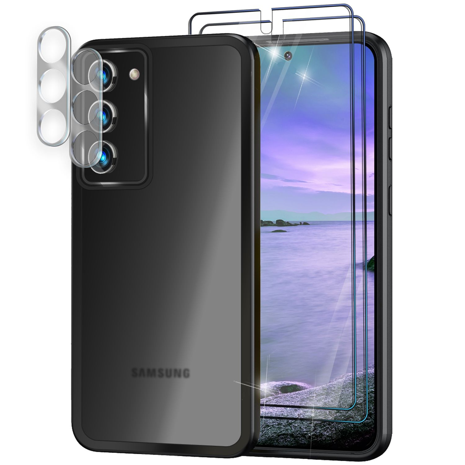 Schwarze Handyhülle mit Telefon und Displayschutzfolien. Samsung-Branding sichtbar.
