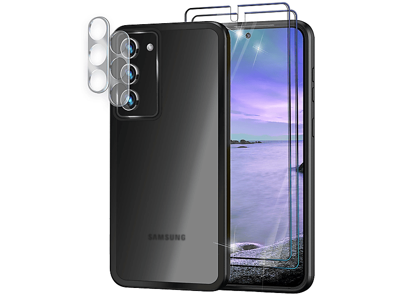 S23 Schwarz Samsung, Backcover, Display-Schutzglas Kamera-Glas, & Galaxy Plus, 2x Semi-Transparent mit 2x Hybrid NALIA Hülle