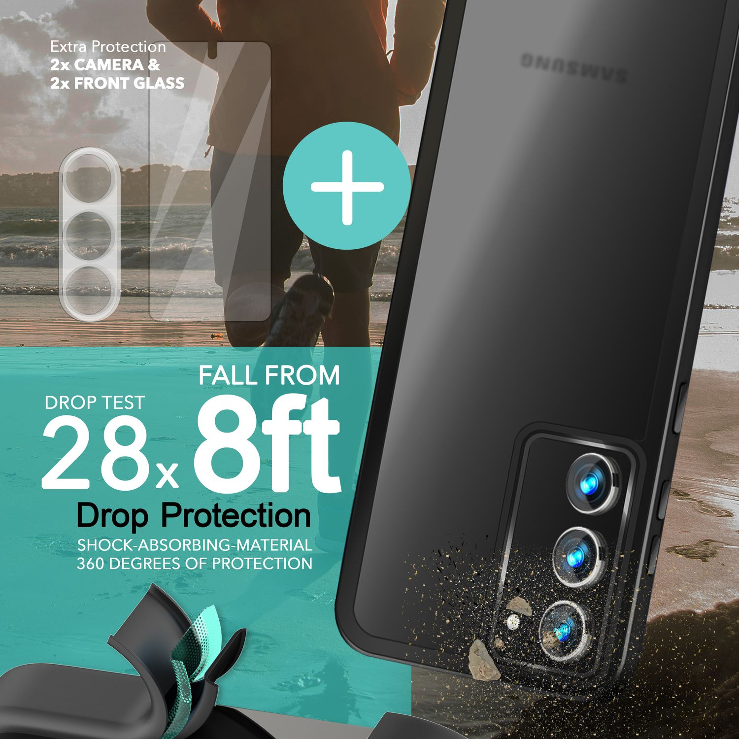 Eine Handyhülle mit Telefon im Inneren. Text auf der Hülle lautet '28.8 ft Drop Protection'.