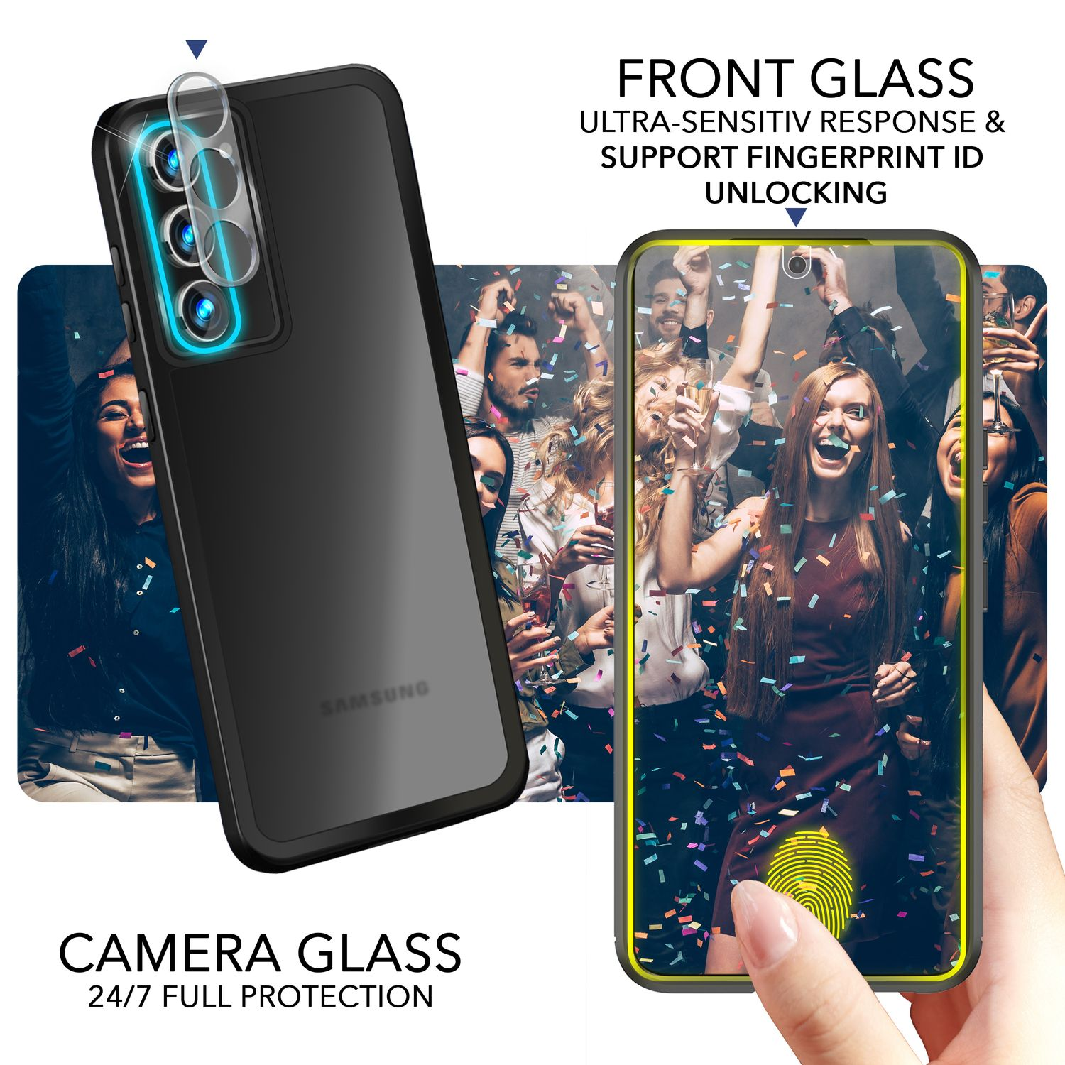 Galaxy S23 Hülle mit & Display-Schutzglas 2x Hybrid Kamera-Glas, Semi-Transparent NALIA Samsung, Backcover, Schwarz 2x Plus,