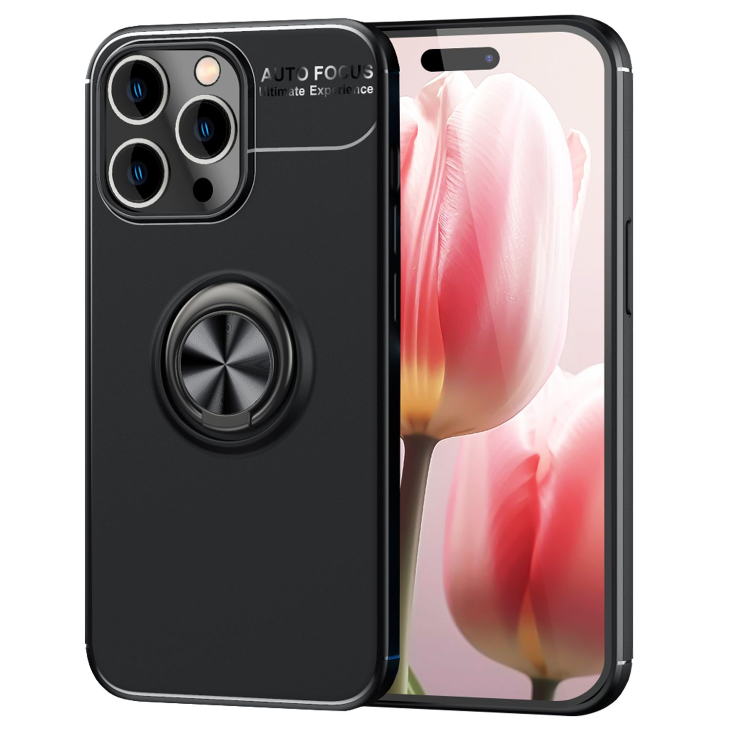 Funda de teléfono negra con un soporte de anillo.