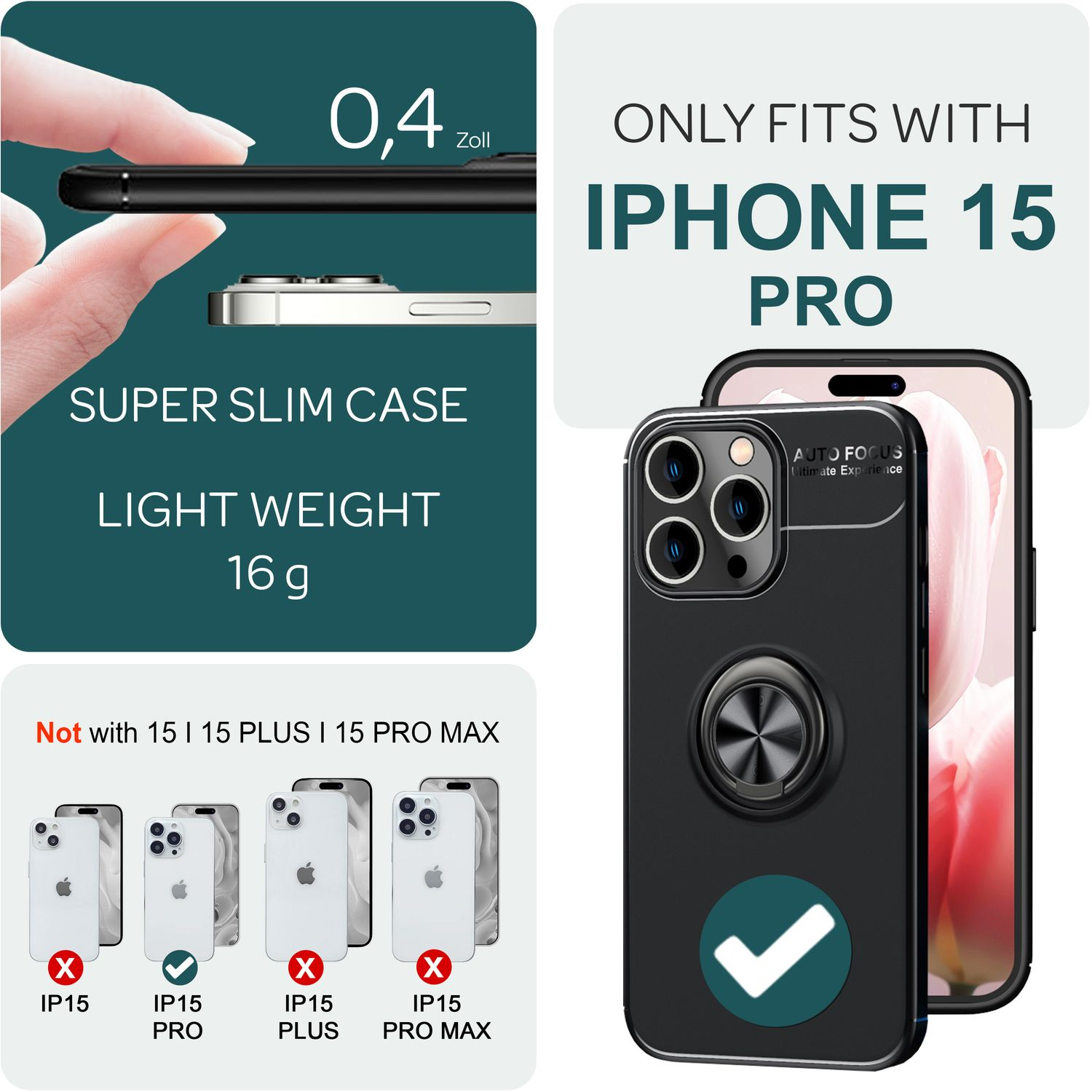 Imagen que muestra una funda y un teléfono, con texto: funda súper delgada, solo para iPhone 15 Pro.