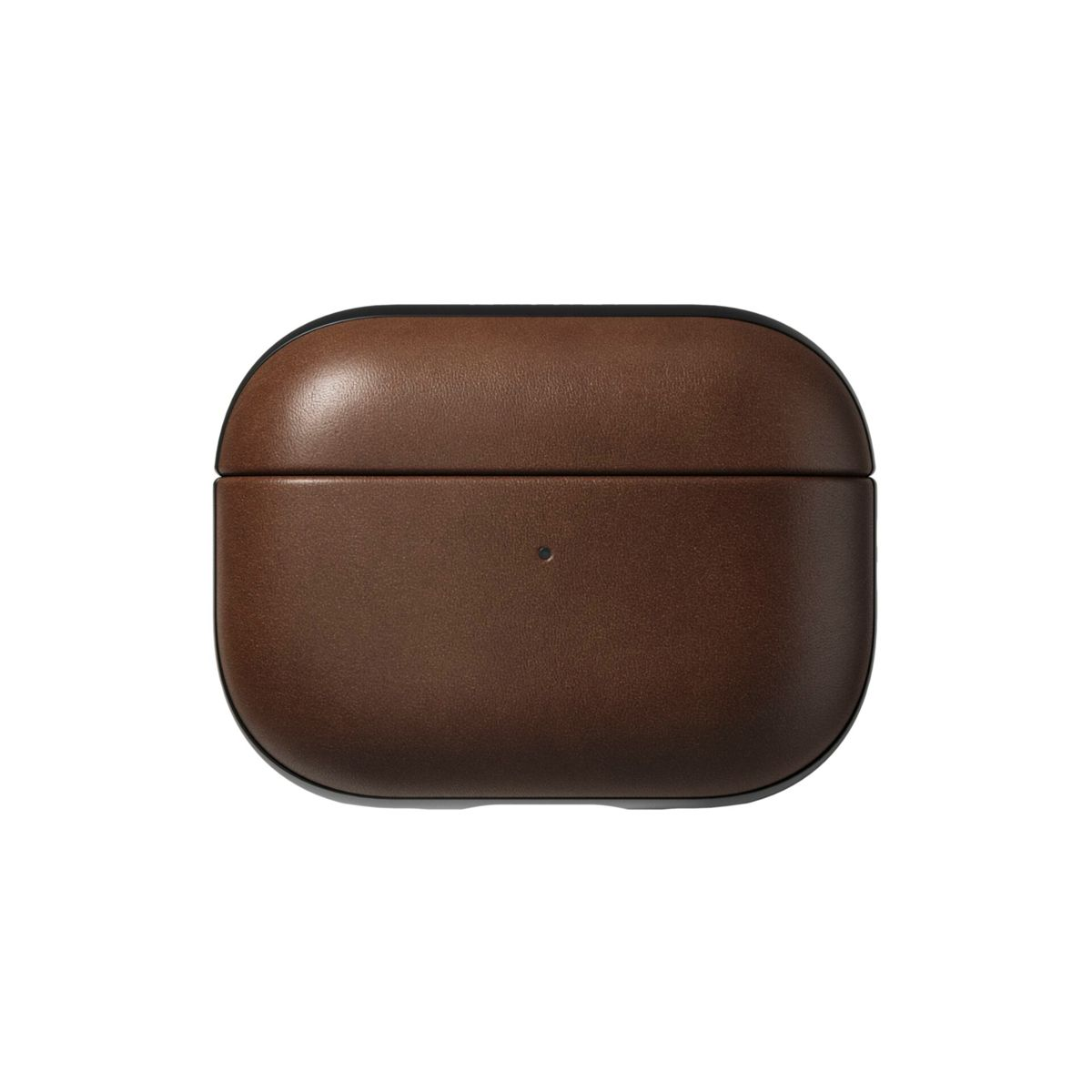 Custodia in pelle marrone per AirPods Pro. Custodia chiusa. Bordo nero.