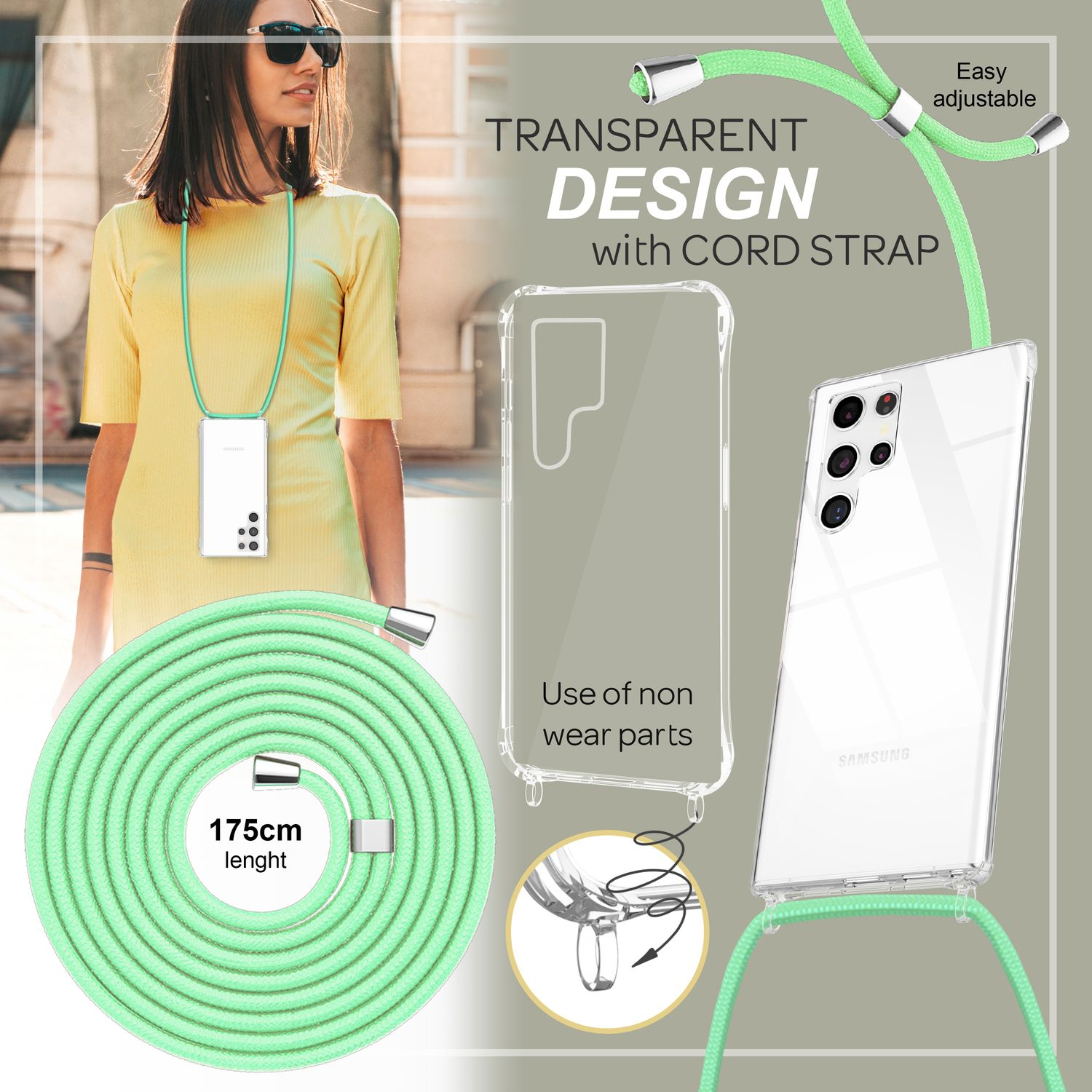 Frau mit Kleid mit Telefon und Kordel. Das Telefon ist in einer transparenten Hülle.