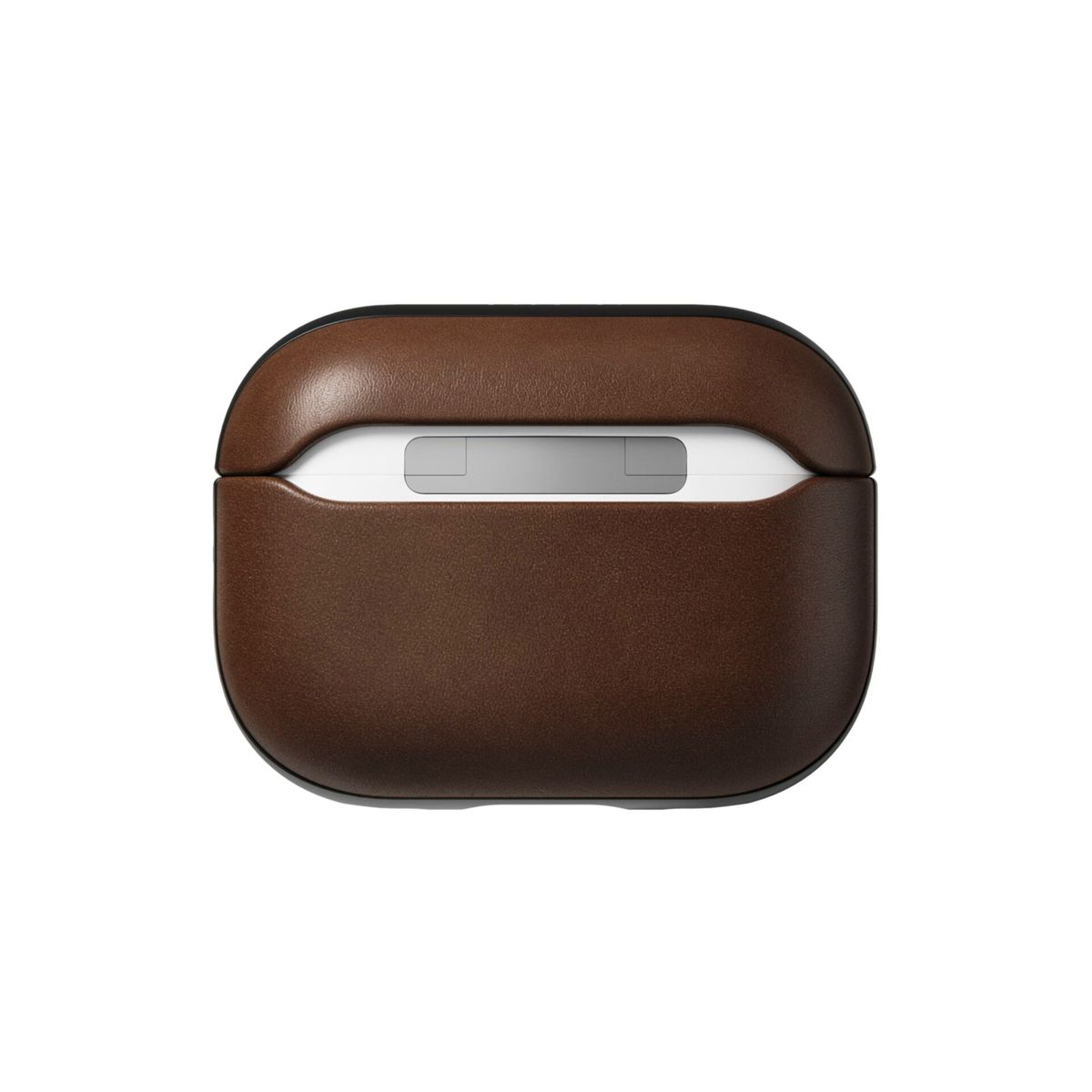 Custodia in pelle marrone per AirPods Pro. Vista dall'alto, aperta per rivelare l'interno.
