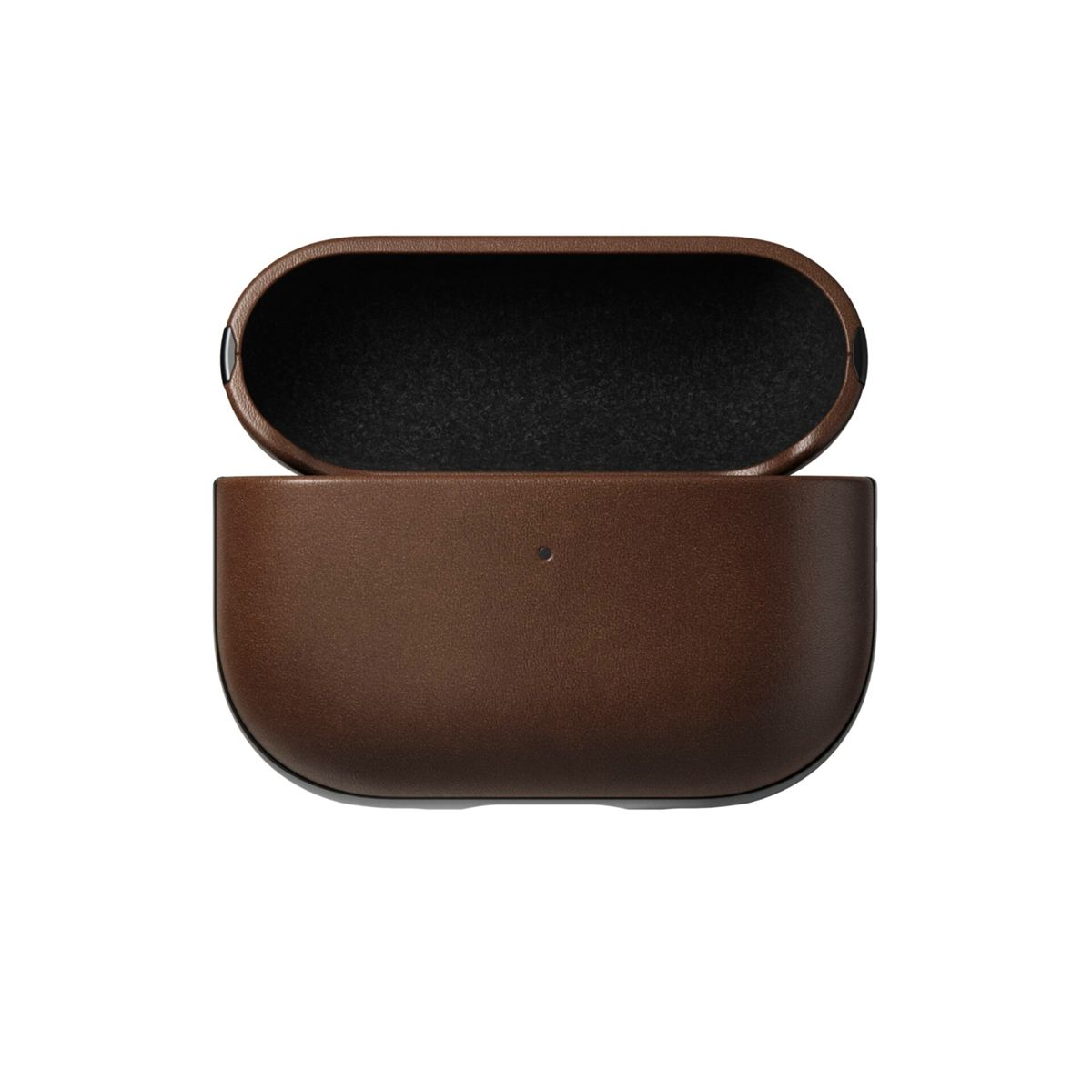 Custodia in pelle marrone per AirPods. Aperta, che mostra l'interno.
