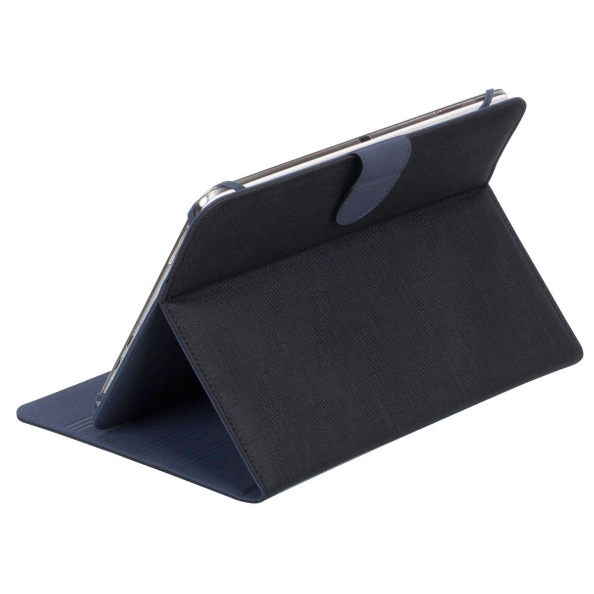 Tablet w niebieskim etui, podparty, aby wyświetlić ekran.