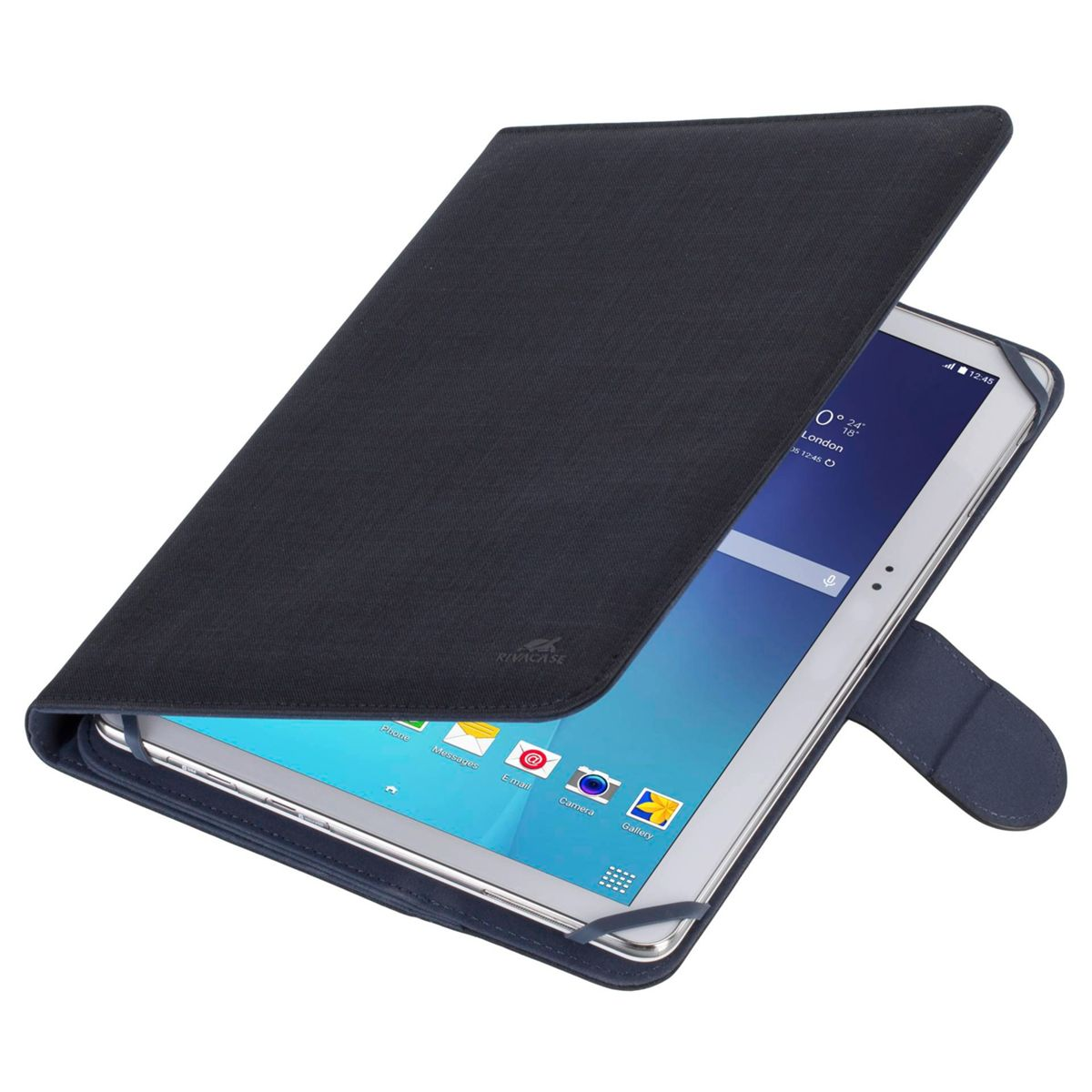 Tablet w ciemnoniebieskim etui, z widocznym ekranem. Etui jest częściowo otwarte. Tło białe.