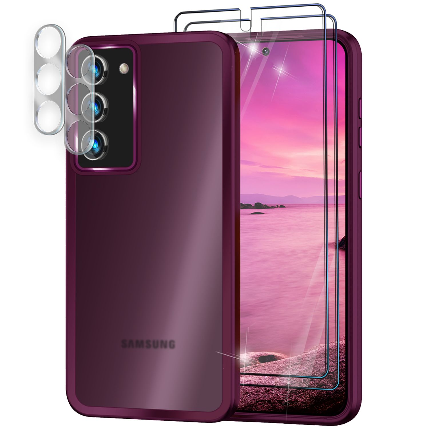 Telefon und Hülle mit Kameraschutz. Weißer Hintergrund.