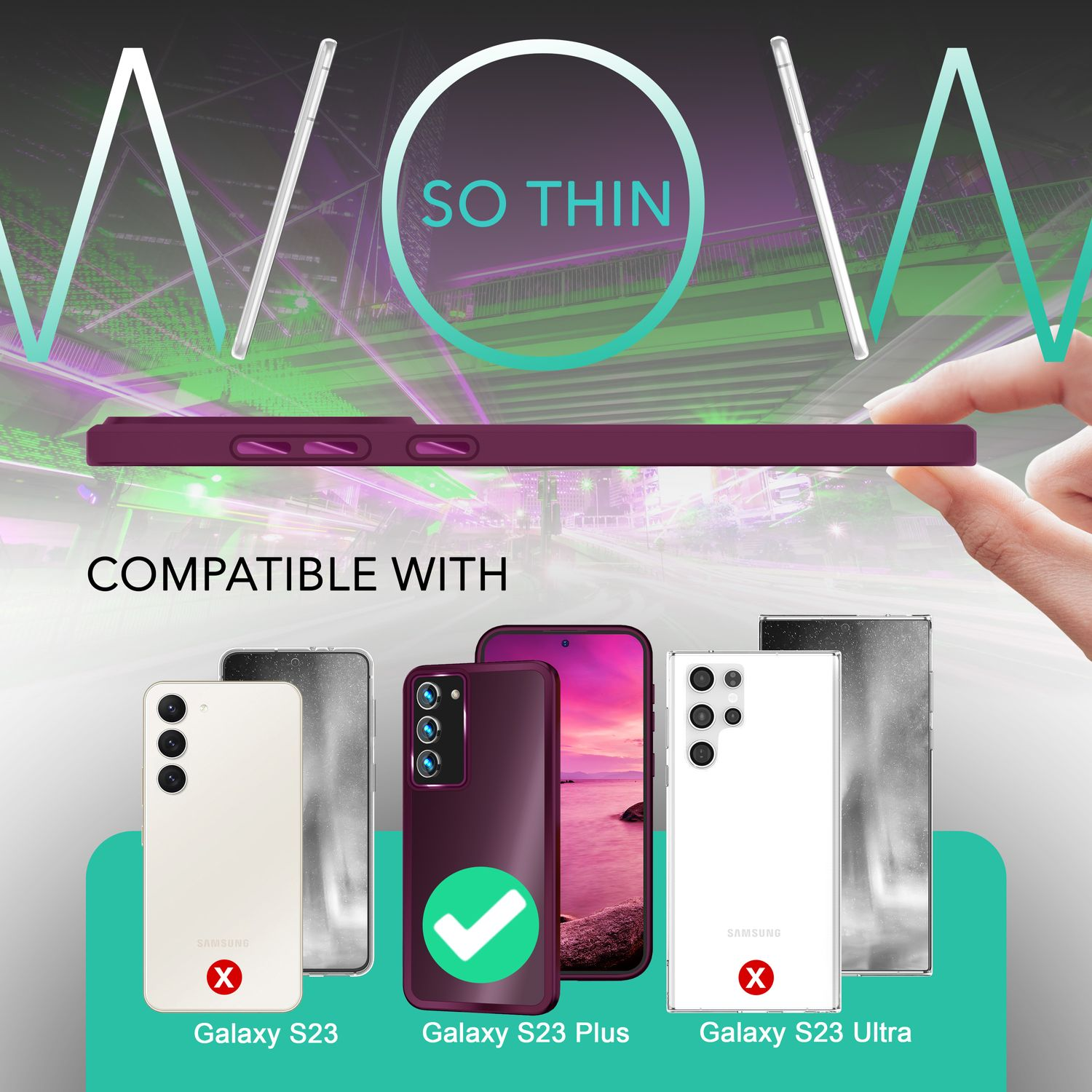 Un étui de téléphone violet est tenu, avec des téléphones et le texte « So Thin ».