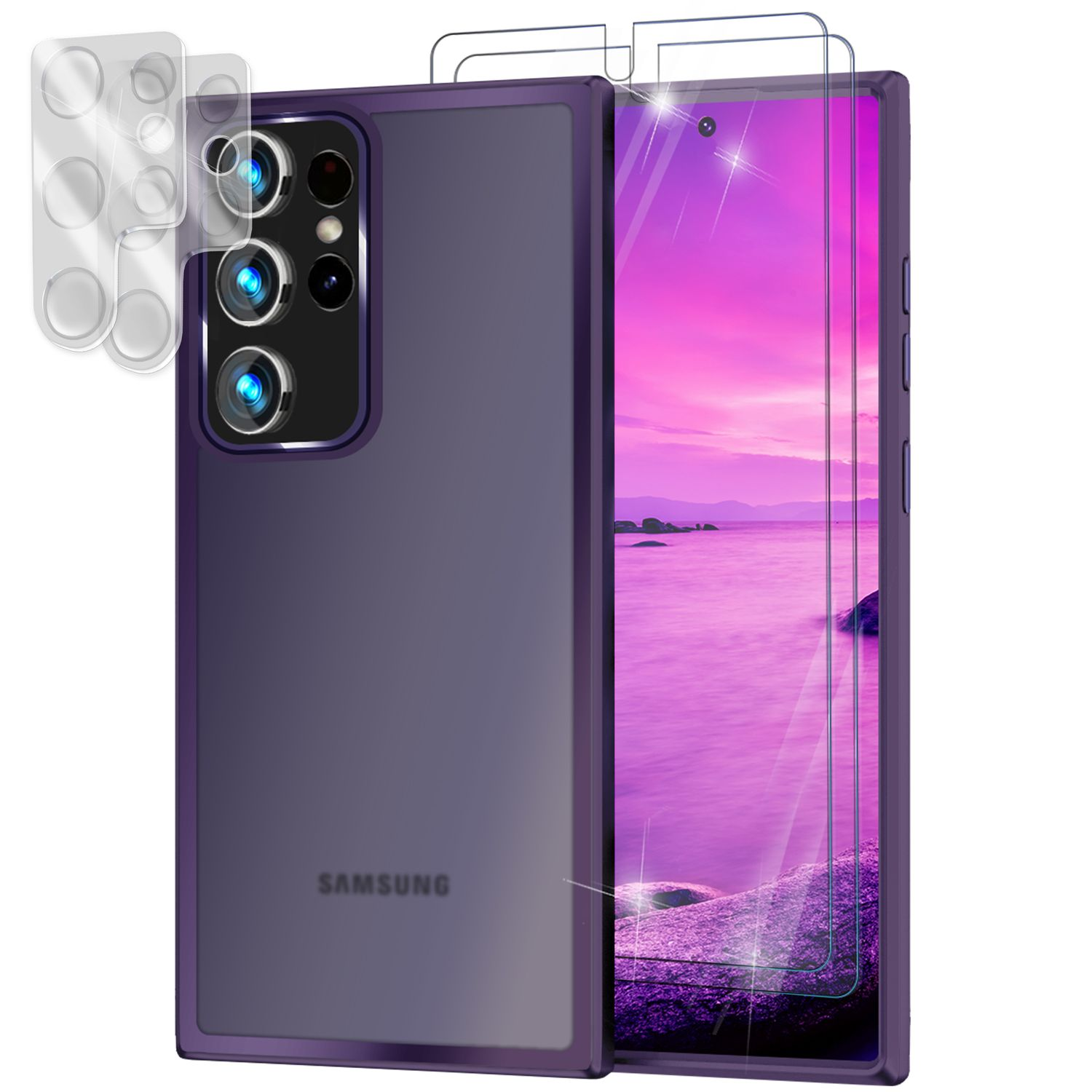 Telefon und Hülle mit Kameraschutz. Weißer Hintergrund.