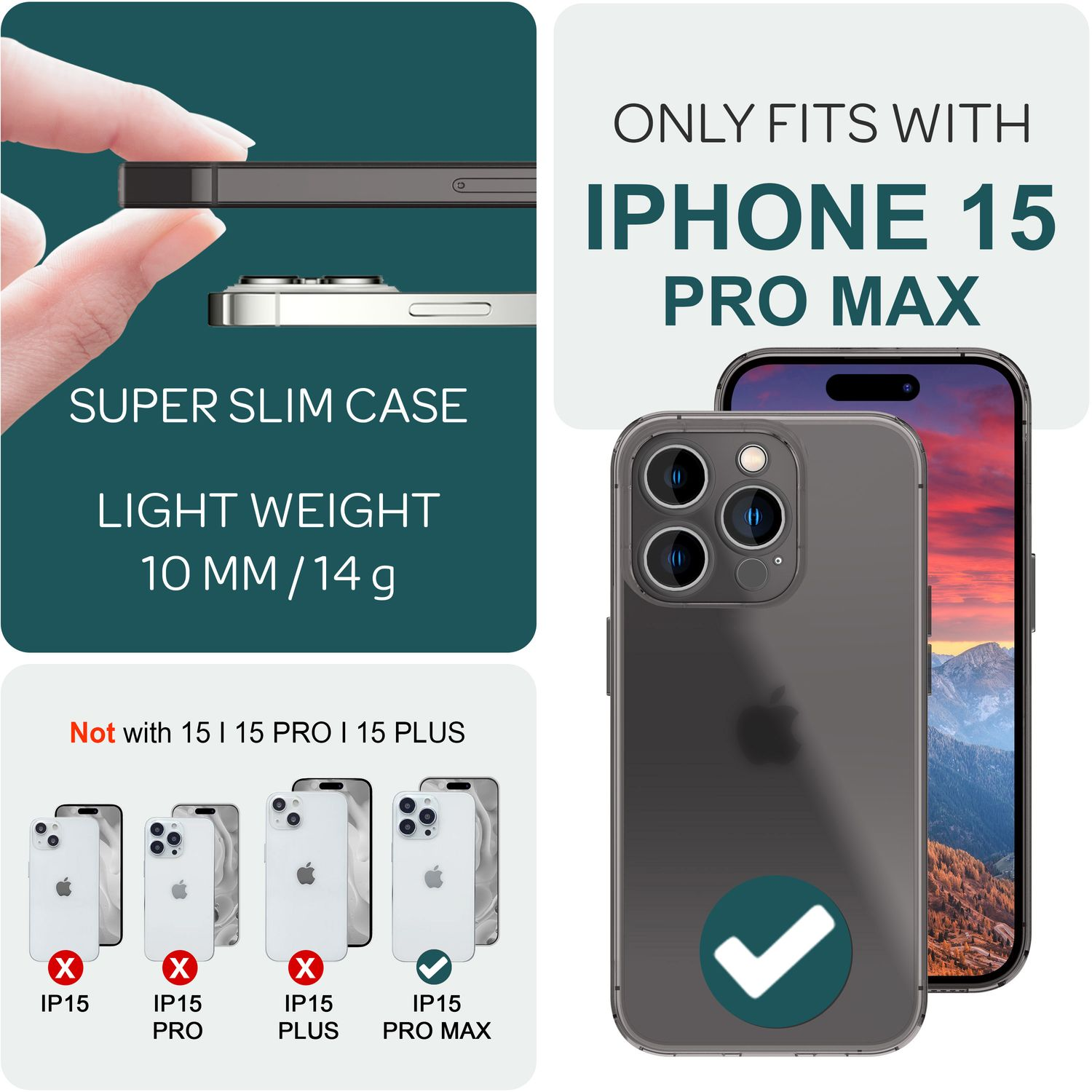 Custodia iPhone 15 Pro Max. Mostra una custodia e un telefono. Il testo descrive le caratteristiche.