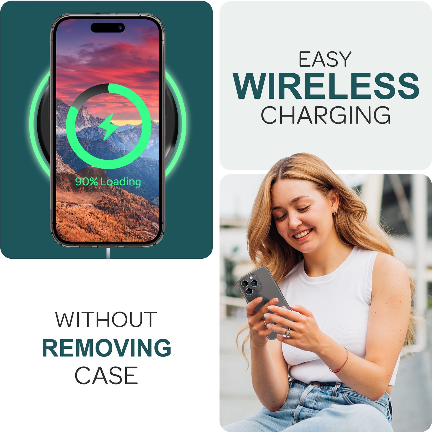 Donna con telefono, base di ricarica wireless con telefono e carica al 90%. Il testo dice 'Easy Wireless Charging'.