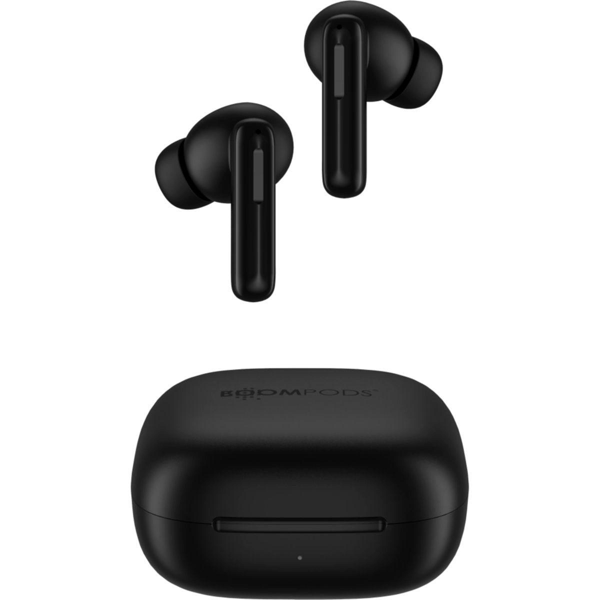 Schwarze Ohrhörer mit Ladeetui, mit Markennamen auf dem Etui.
