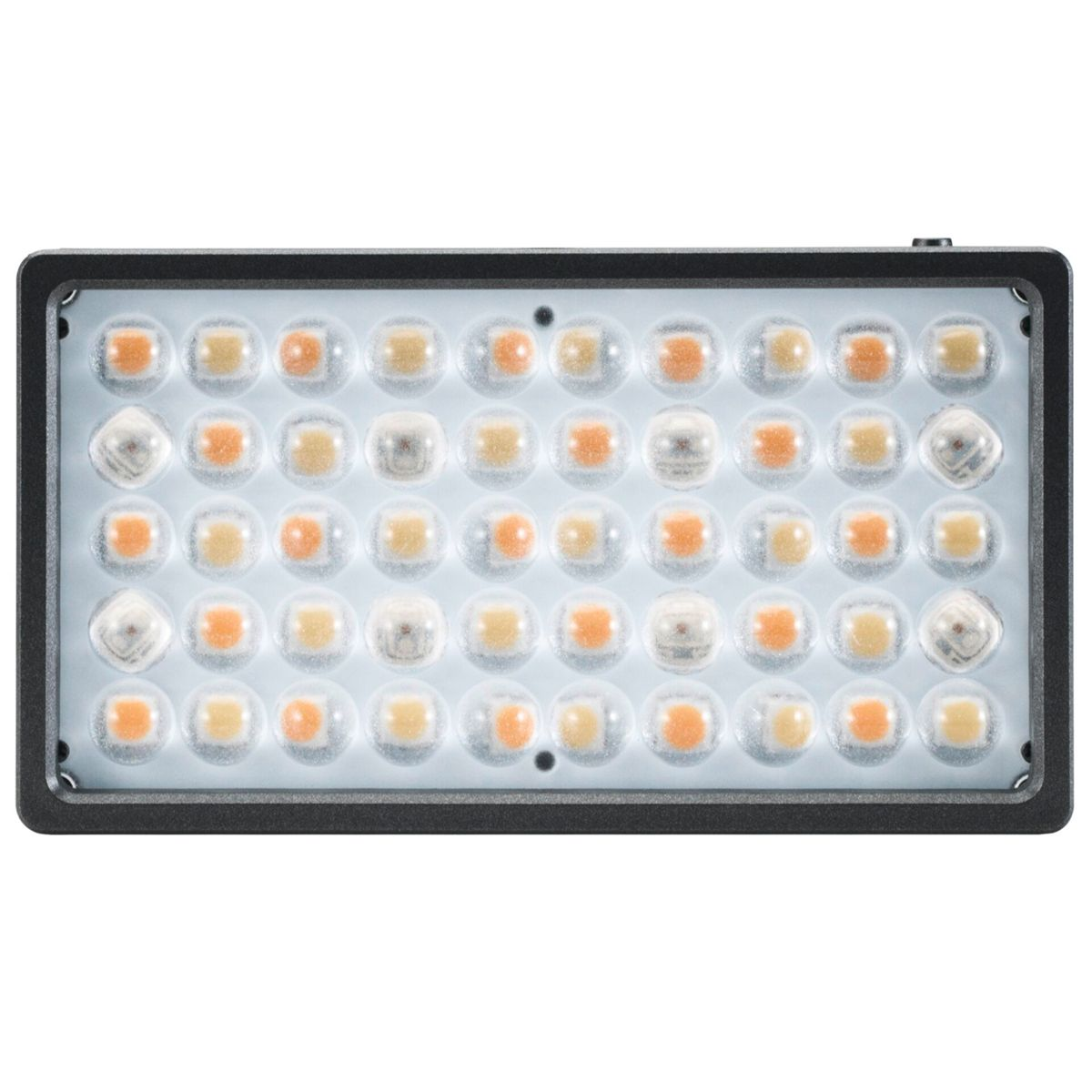 Rechteckiges LED-Panel mit mehreren kleinen Lichtern in einem schwarzen Rahmen. Lichter sind weiß und orange.