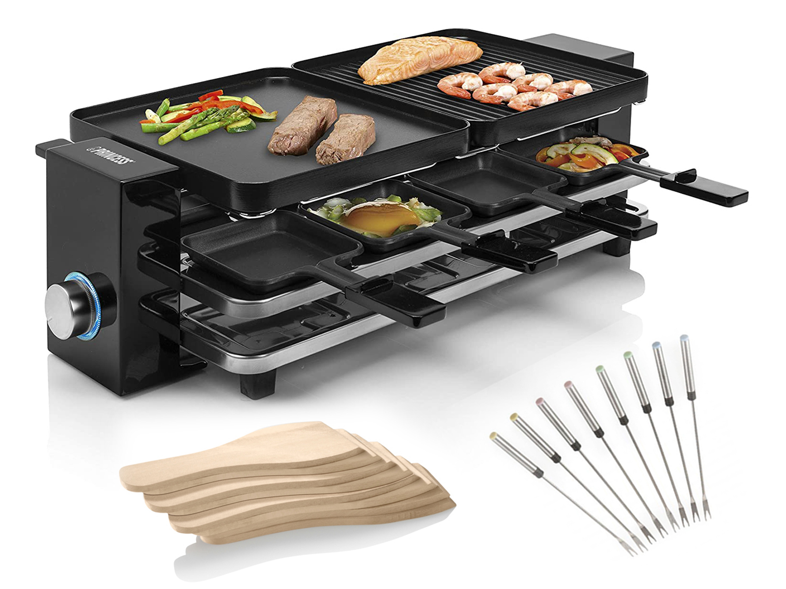 Raclette-Grill mit Essen. Schwarzer Grill mit Platten, Essen und Zubehör. Weißer HG.