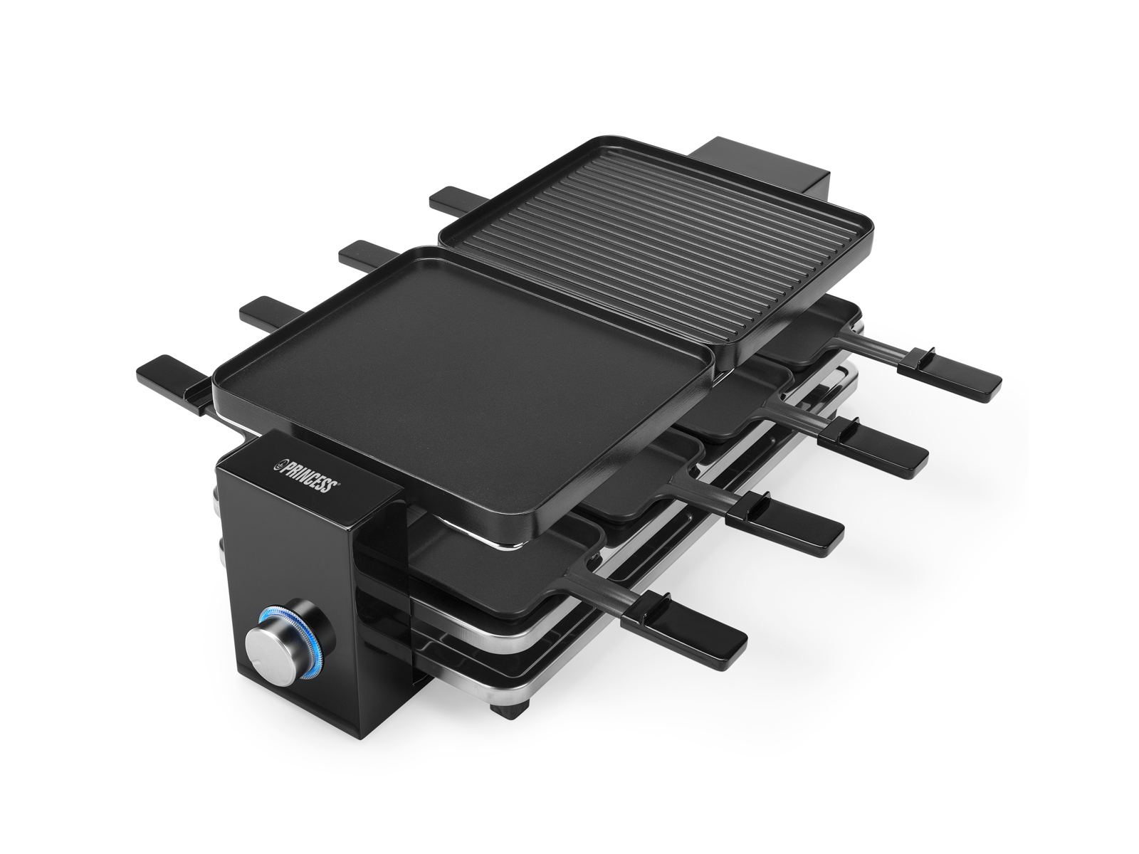 Schwarzer Princess Raclette-Grill auf Weiß. Mit zwei Grillplatten.
