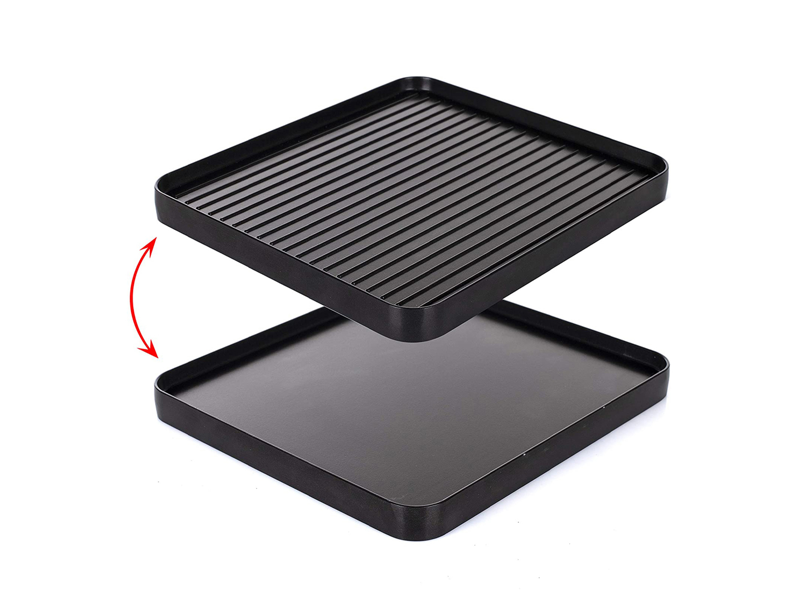 Schwarzer Grill und solide Ablage. Der Grill befindet sich über der Ablage, mit einem Pfeil, der die Trennung anzeigt.