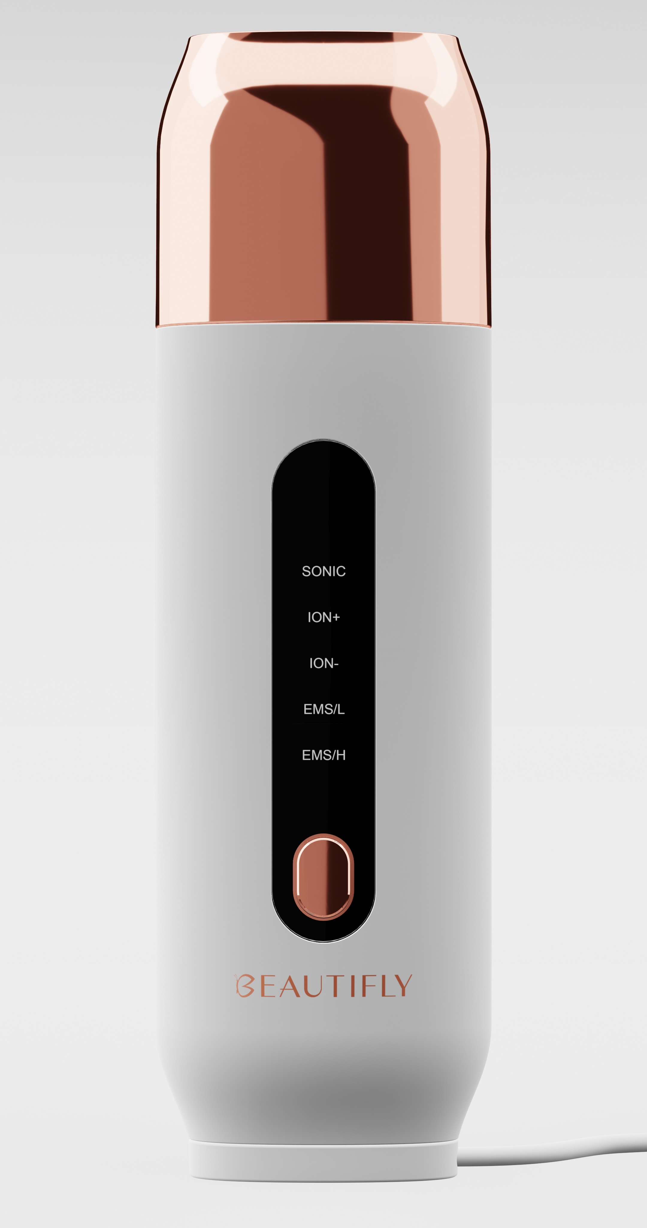Weißes und roségoldenes Schönheitsgerät. Enthält Bedienelemente für Sonic, Ion+, Ion- und EMS-Stufen.