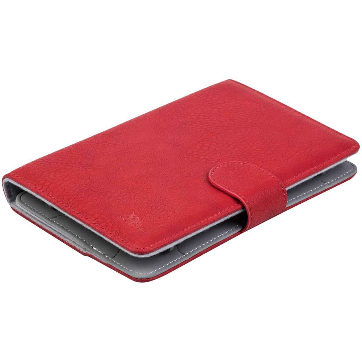 Custodia per tablet in pelle rossa con chiusura a bottone.