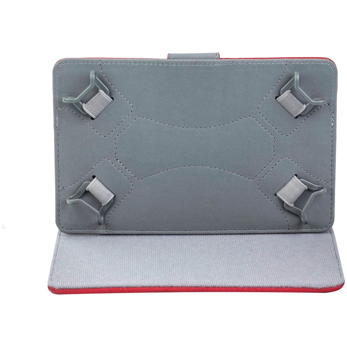 Custodia per tablet grigia con bordi rossi. Interno grigio e cinghie grigie.