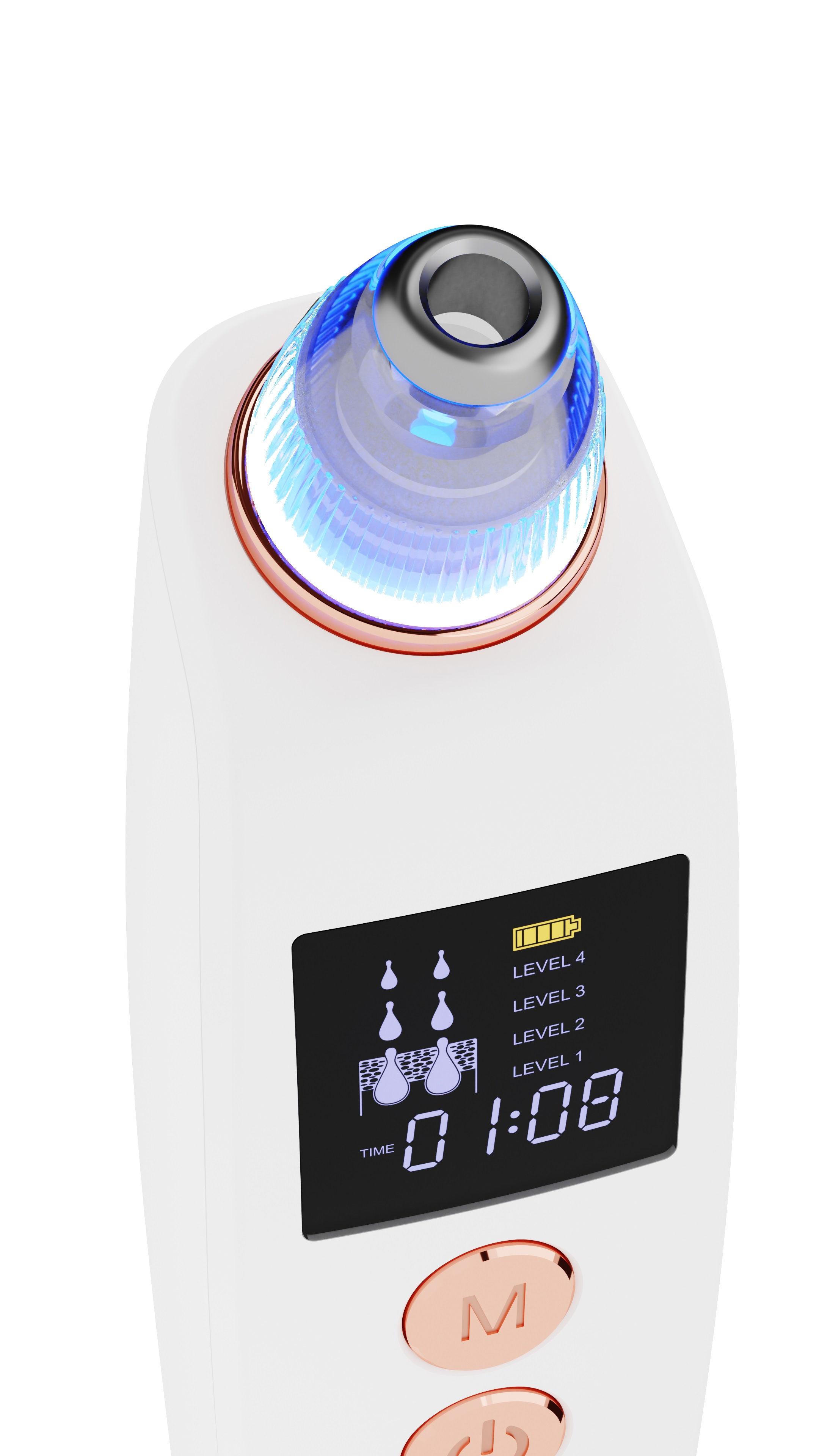 Biały odkurzacz do porów z niebieskim światłem i wyświetlaczem.