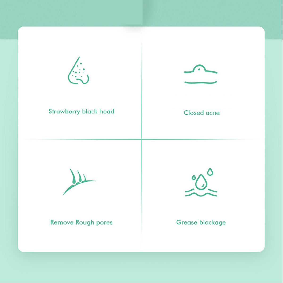 Vier Icons: Nasen-Blackhead, geschlossene Akne, raue Poren, Fettansammlung.