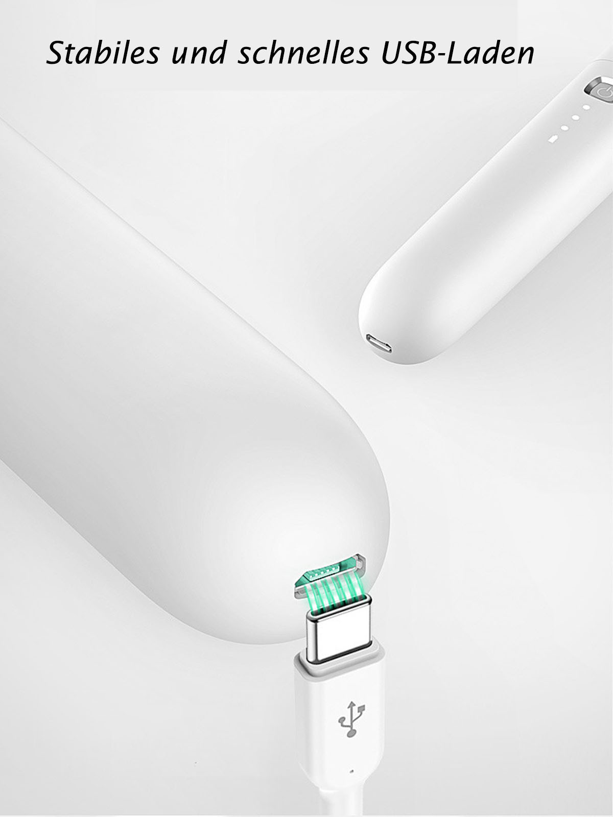 Ein USB-C-Kabel wird in ein weißes Gerät gesteckt. Zwei weiße Geräte sind zu sehen.