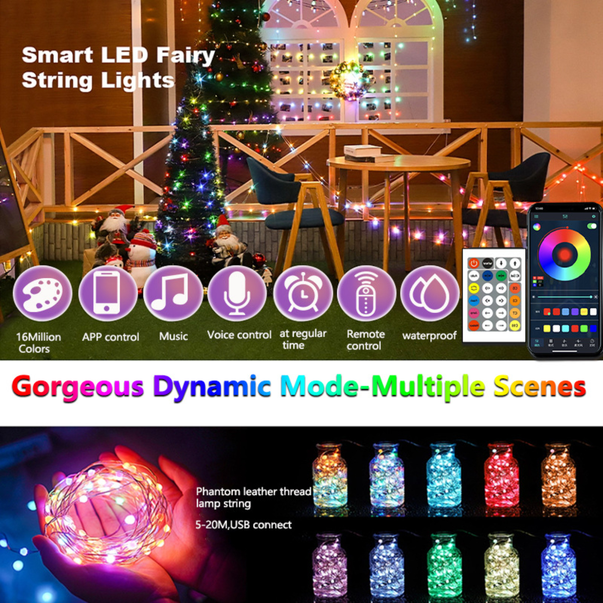 15M UWOT weihnachtliches Stripes, LED Bluetooth&APP-Steuerung, Lichtstreifen-USB: Atmosphärenlicht Sprachaktivierter white
