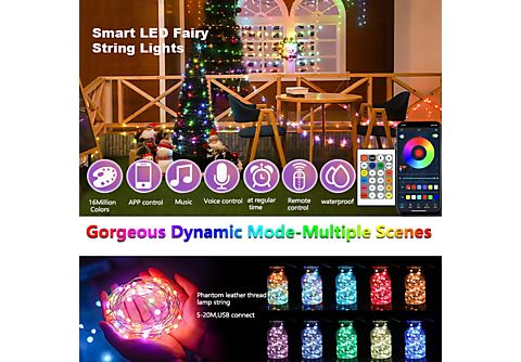 UWOT Sprachaktivierter Lichtstreifen-USB: Bluetooth&APP-Steuerung,  weihnachtliches Atmosphärenlicht 15M LED Stripes, white