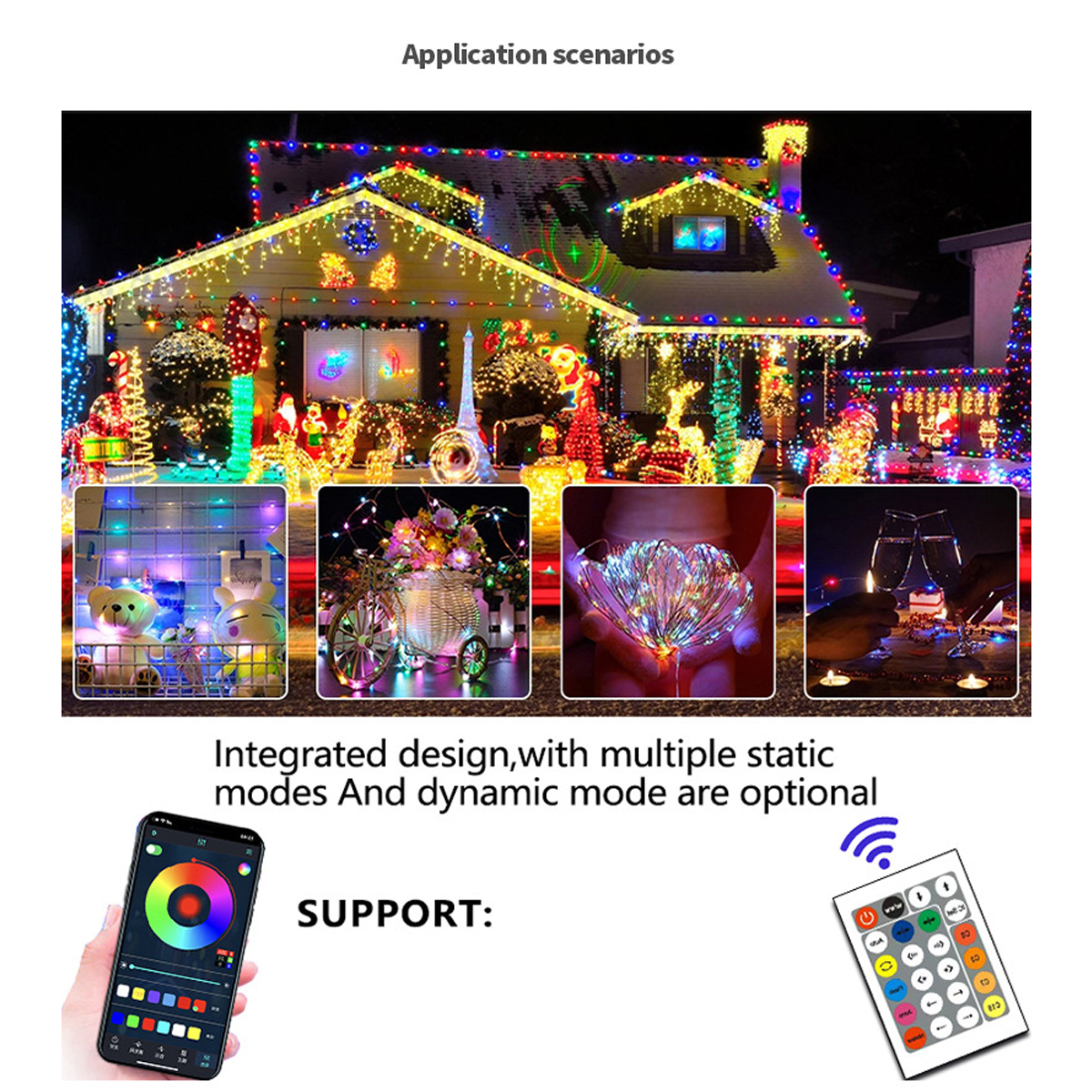 Haus mit bunten Weihnachtsbeleuchtungen, mit vier kleineren Bildern darunter, mit Fernbedienung und Telefon.