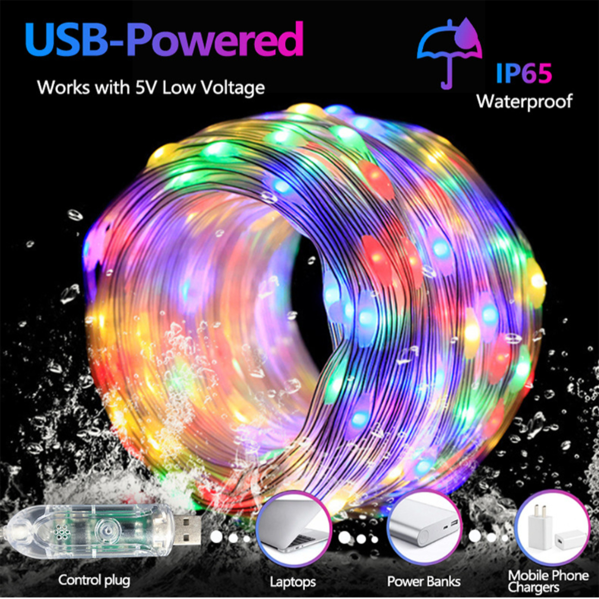 Eine USB-betriebene Lichterkette mit bunten Lichtern und verschiedenen elektronischen Geräten.