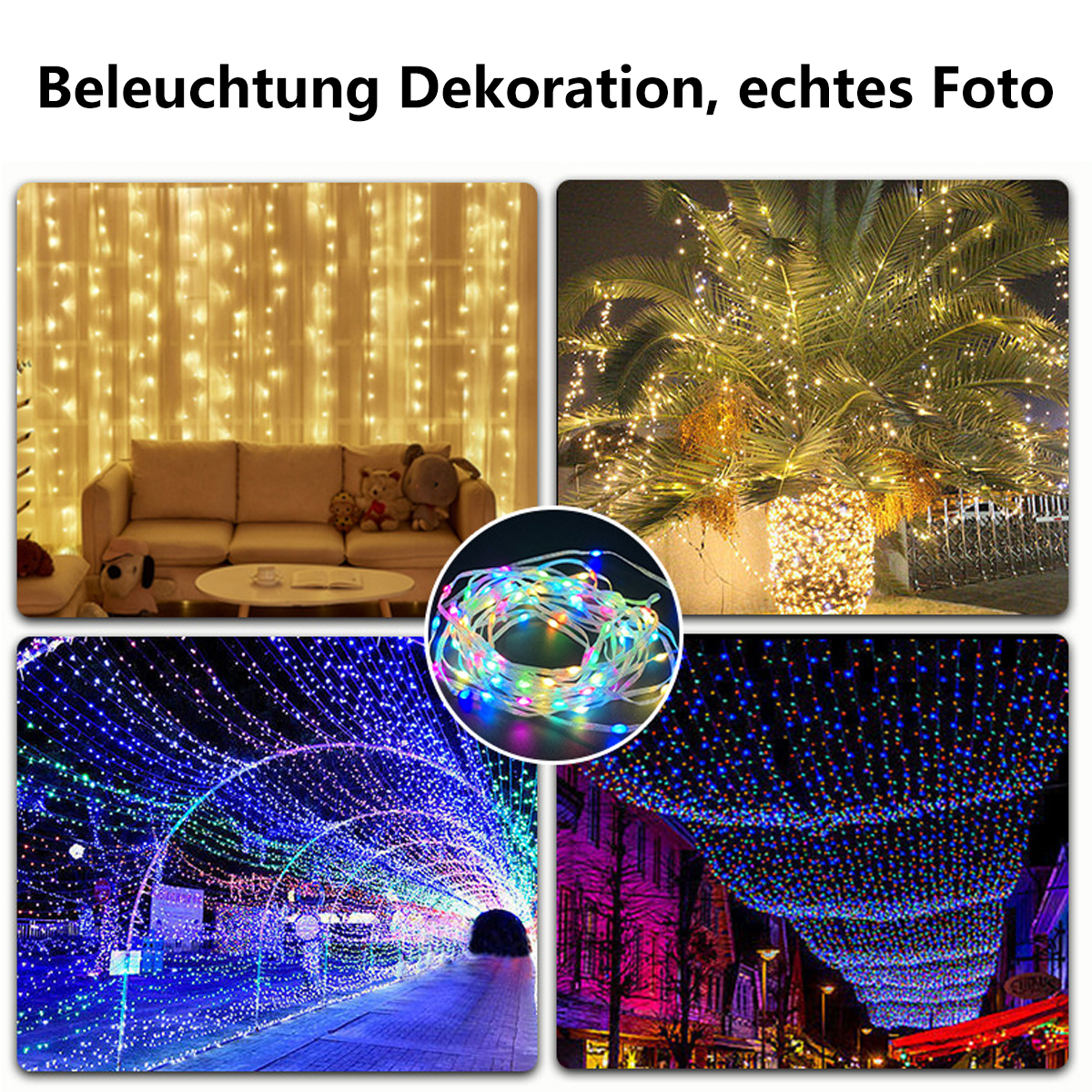 Bilder mit dekorativer Beleuchtung: Vorhänge, Palme, Tunnel und Gebäudefassade mit bunten Lichtern.