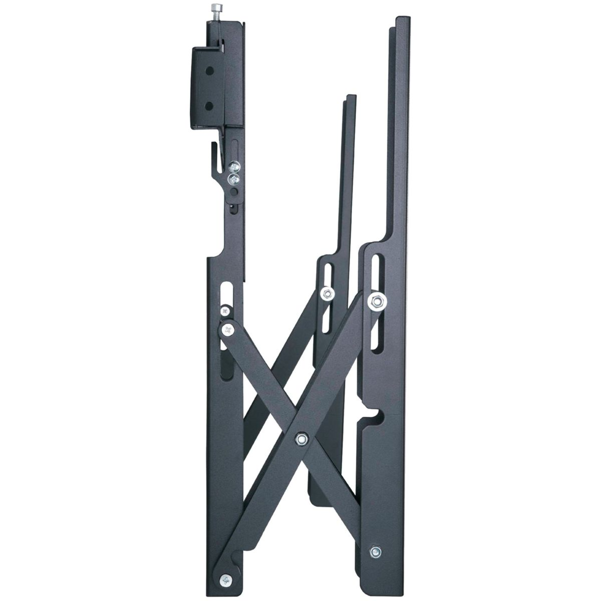 Eine schwarze TV-Halterung aus Metall. Sie hat ein vertikales Design mit Scharnieren und verstellbaren Armen. Weißer Hintergrund.