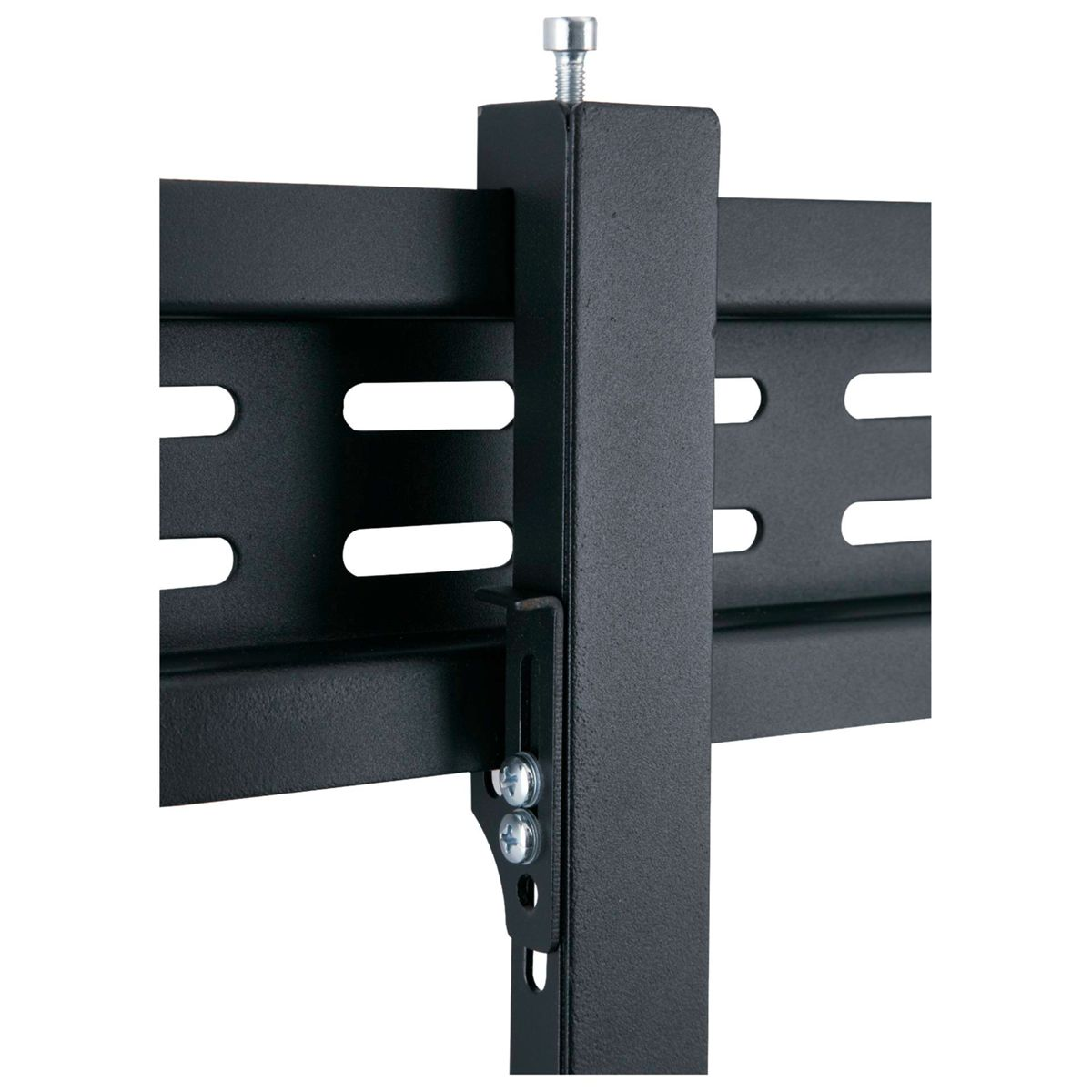 Schwarze Metallhalterung mit Schlitzen und Schraube, Teil eines Befestigungssystems.