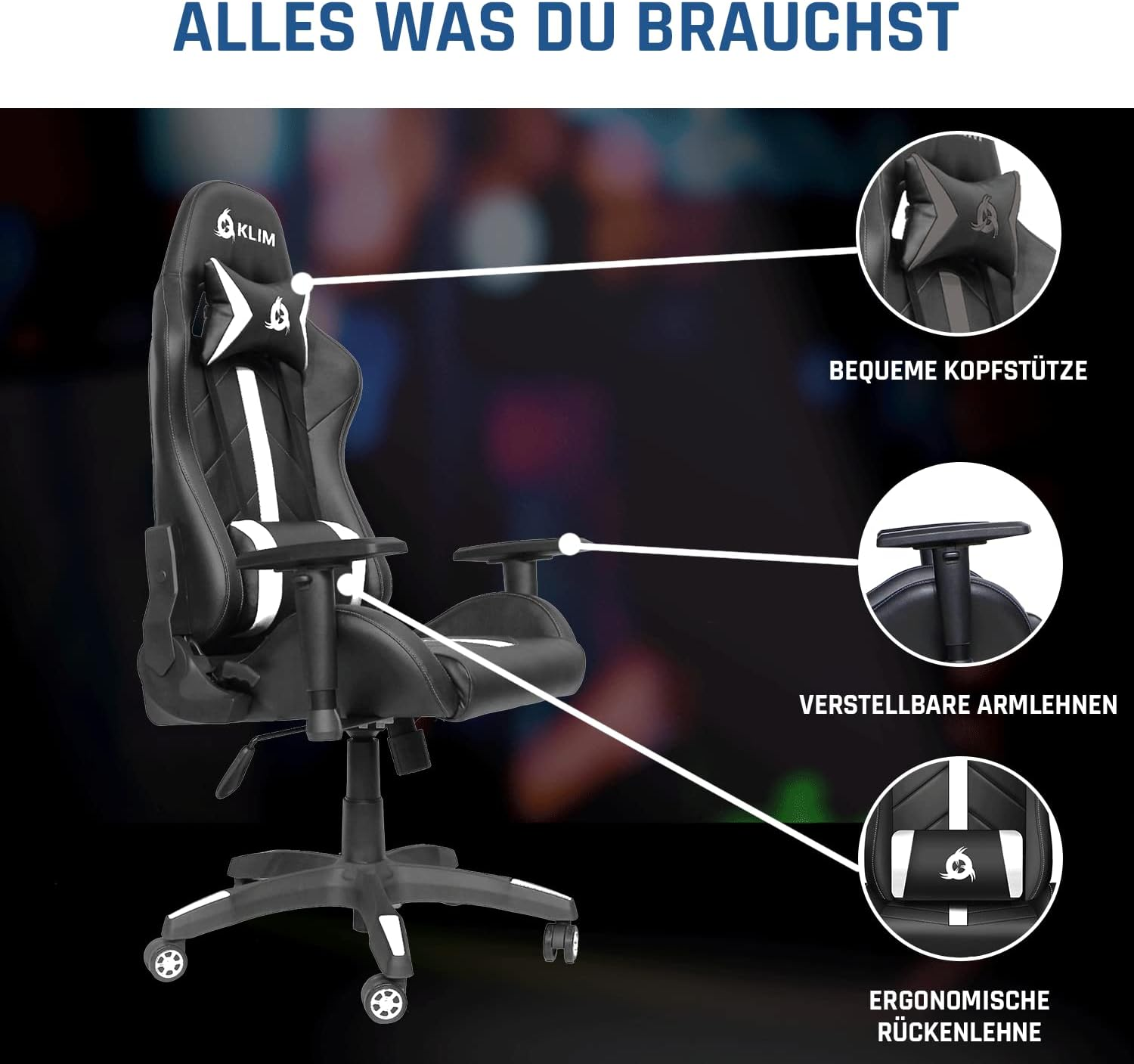 Schwarzer Gaming-Stuhl mit weißen Streifen, ergonomischer Rückenlehne, verstellbaren Armlehnen und bequemem Kopfstütze.
