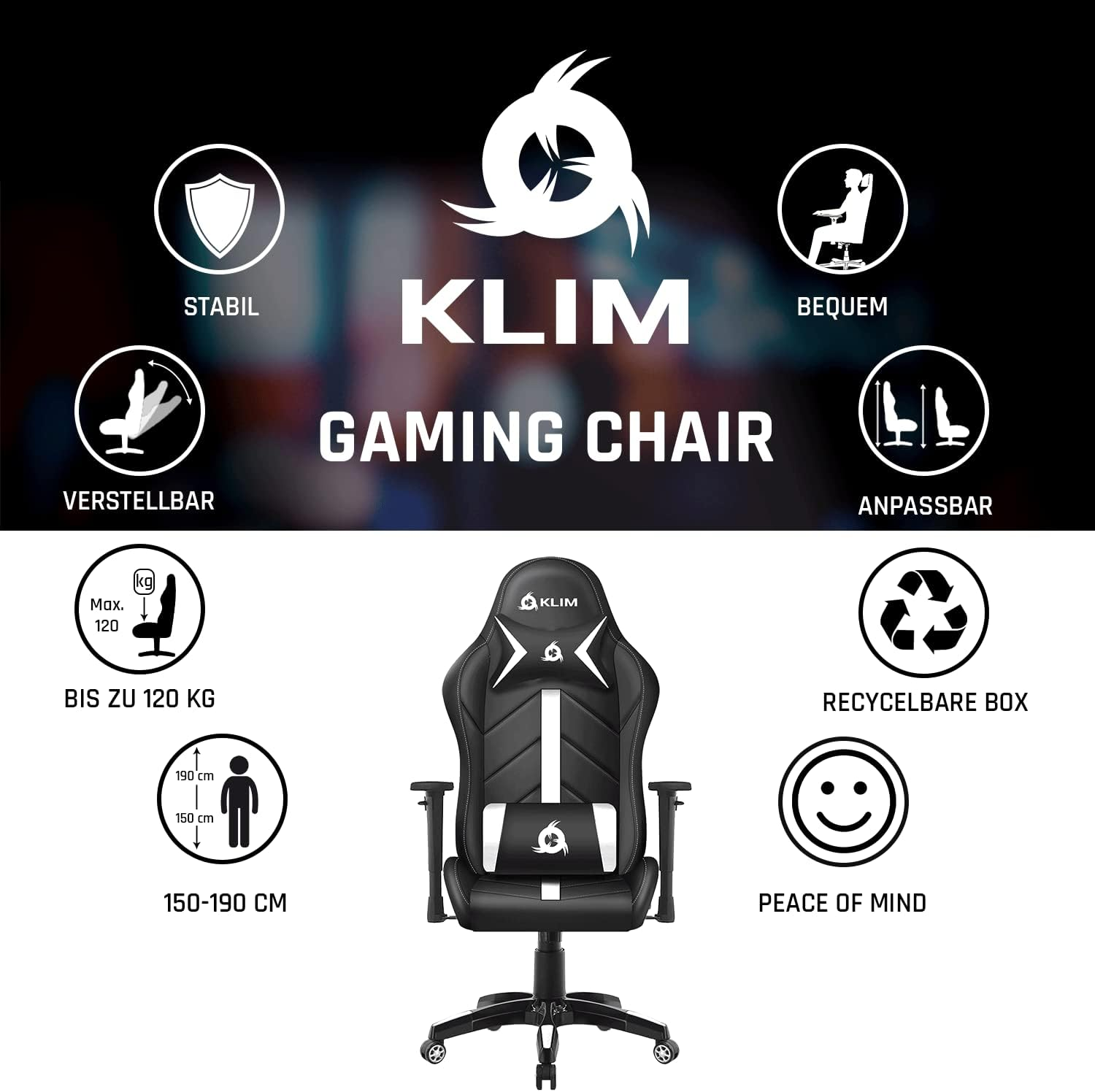 Ein schwarz-weißer Gaming-Stuhl mit Funktionssymbolen: stabil, verstellbar, komfortabel, recycelbar. Max. 120 kg.