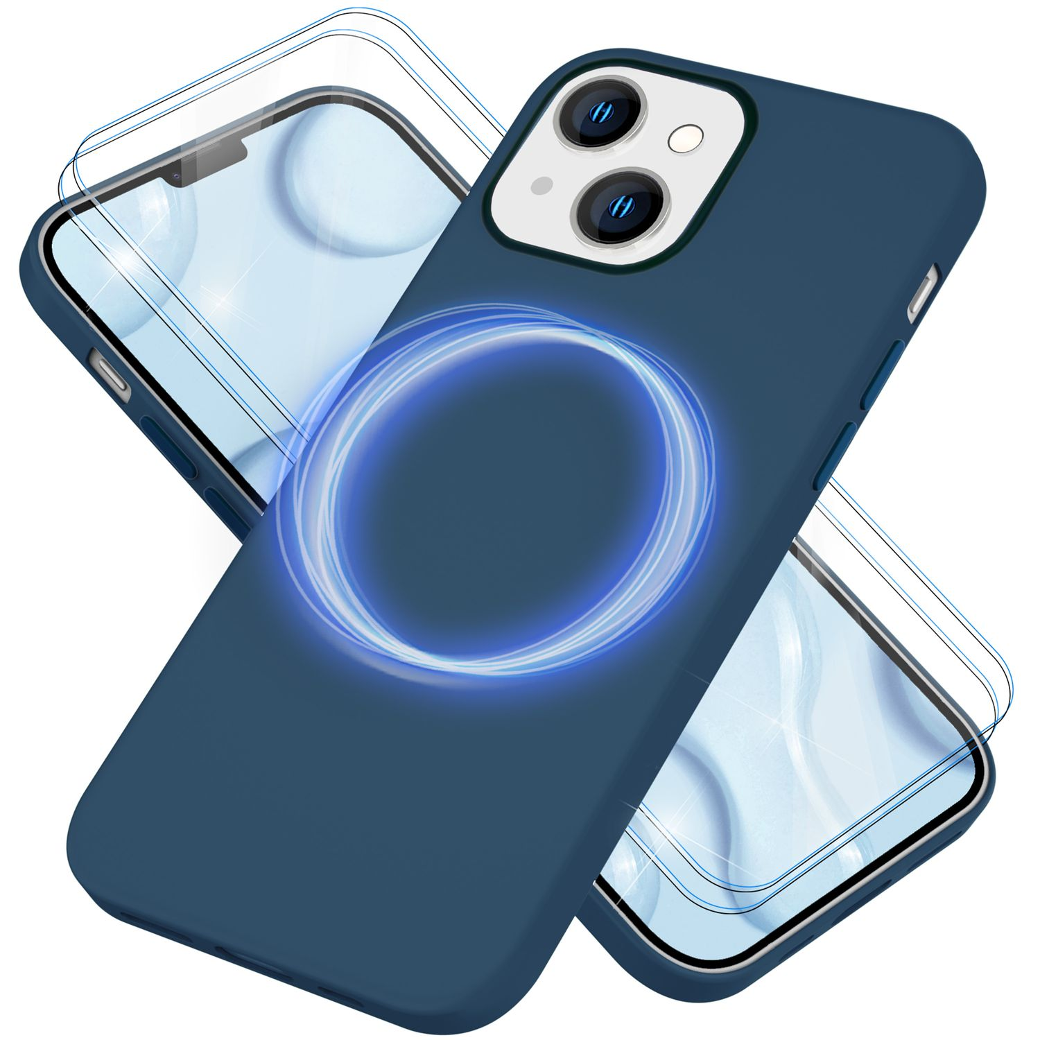 NALIA Liquid Silikon MagSafe Hülle Backcover, iPhone 2x Display 14, & Blau Apple, Schutzglas
