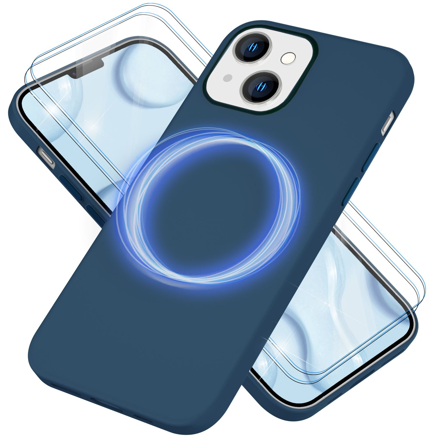 Handyhülle mit blauem Ringdesign, Telefonschutz und Telefon. Alles blau.