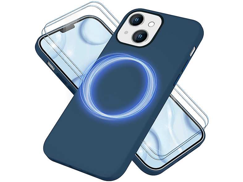 Apple, Backcover, Schutzglas, Liquid Hülle iPhone 2x & Silikon Blau Display MagSafe 14, NALIA