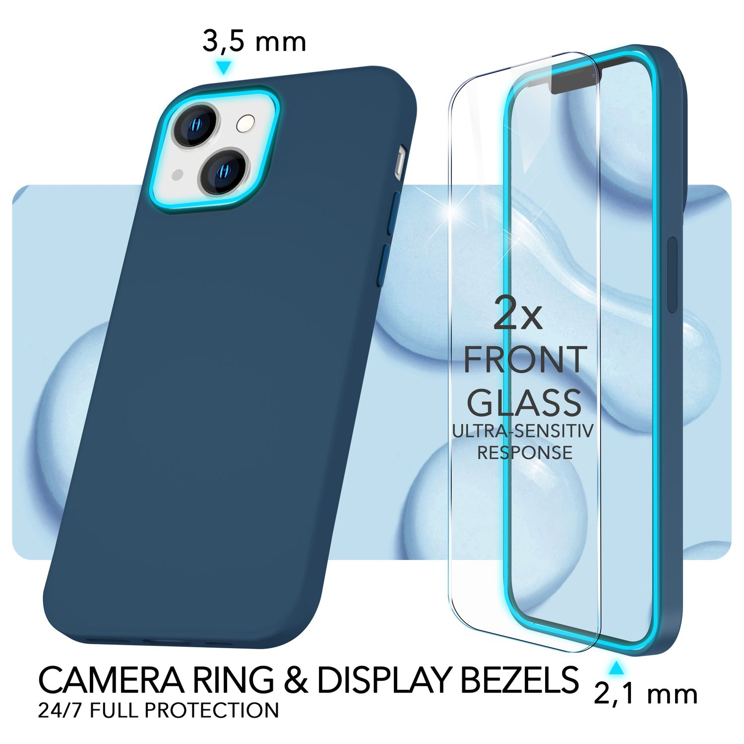 Blaue Handyhülle mit Displayschutz und Kameraschutzring. Textbeschreibung.