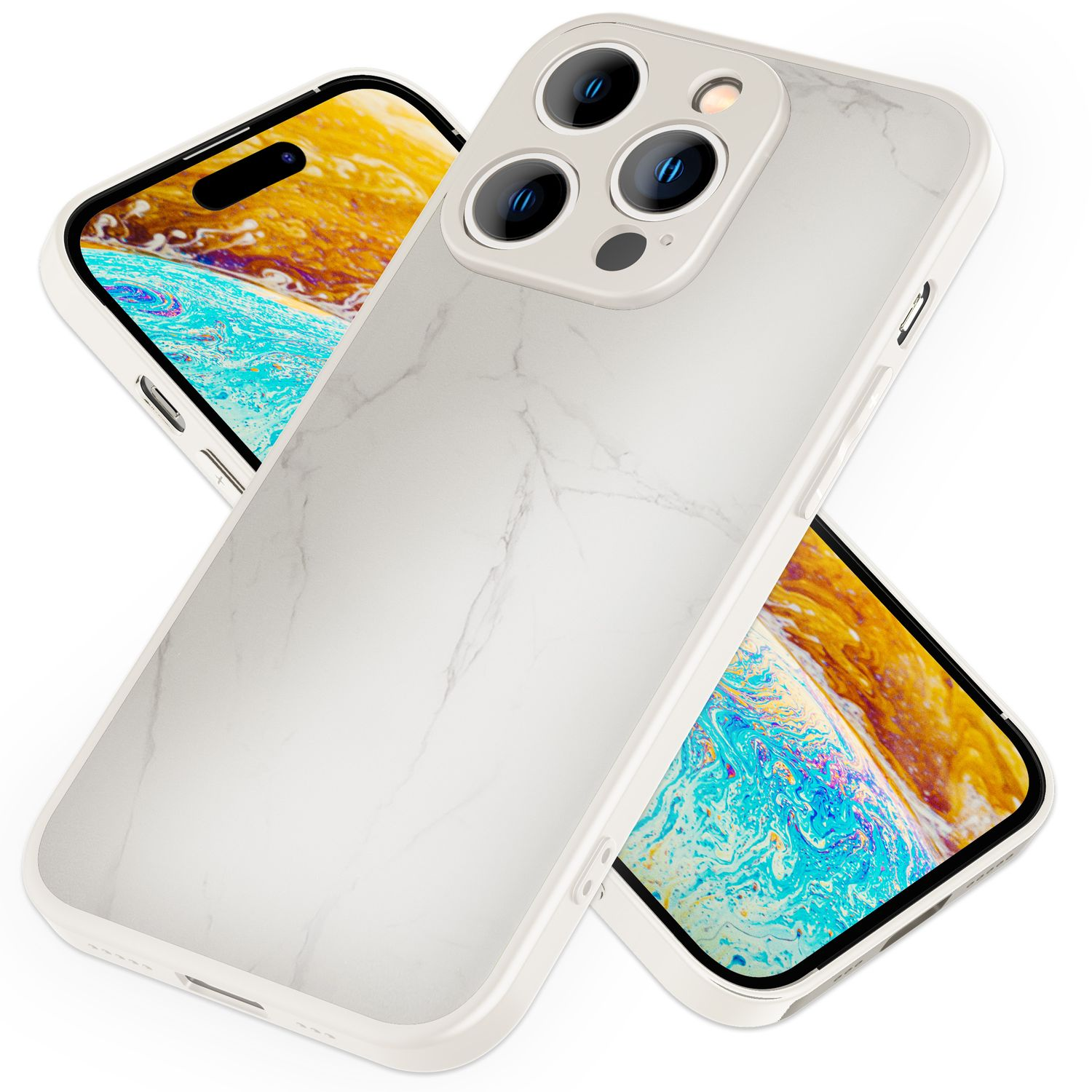 NALIA Hartglas Hülle Marmoroptik, Weiß Pro Backcover, iPhone Apple, 14 Max