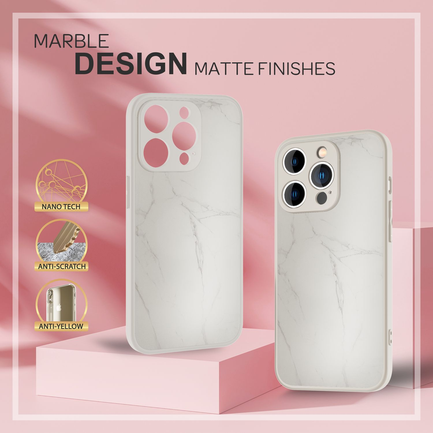 Hartglas iPhone Apple, Marmoroptik, Hülle Backcover, Max, 14 Pro Weiß NALIA