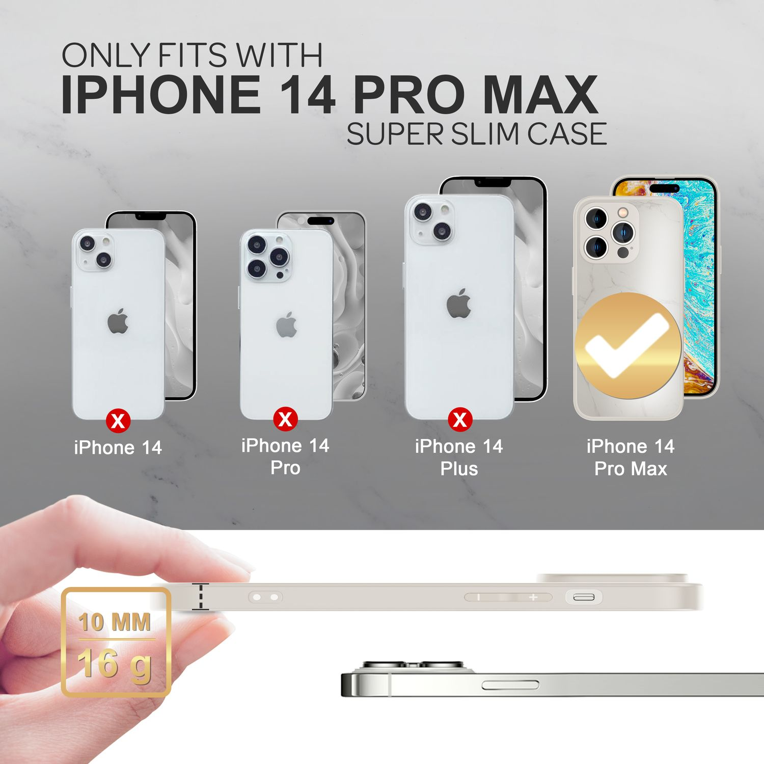 Eine iPhone-Hülle mit iPhone-Modellvergleich und dem Text 'iPhone 14 Pro Max'.