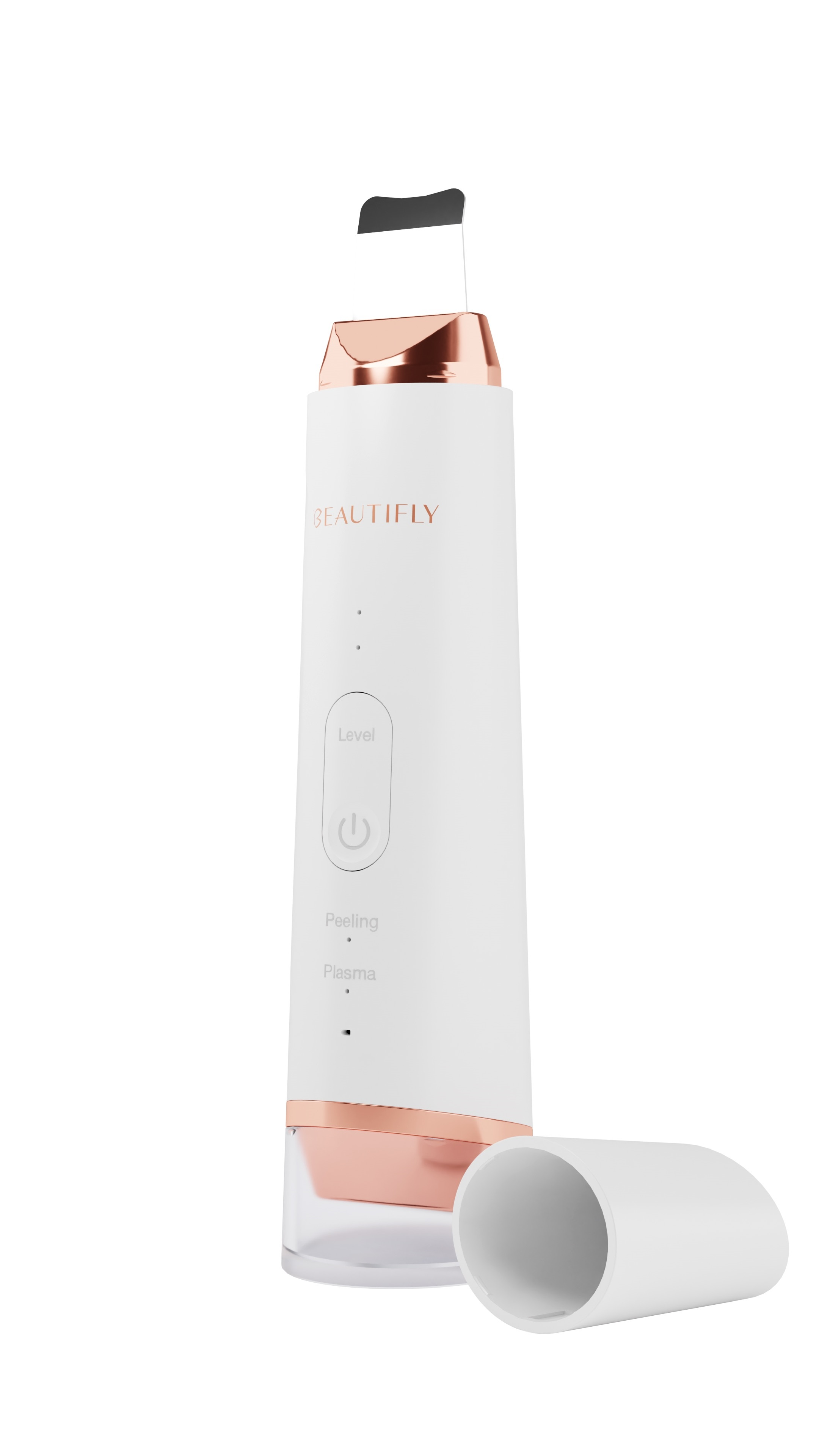 Gesichtsreiniger in Weiß und Roségold mit schwarzer Spitze. Weiße Kappe ab.