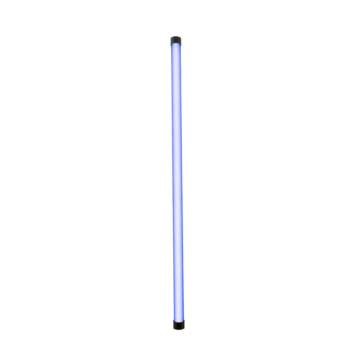 Ein langes, dünnes, blaues Lichtrohr steht vertikal auf weißem Hintergrund, mit schwarzen Kappen.