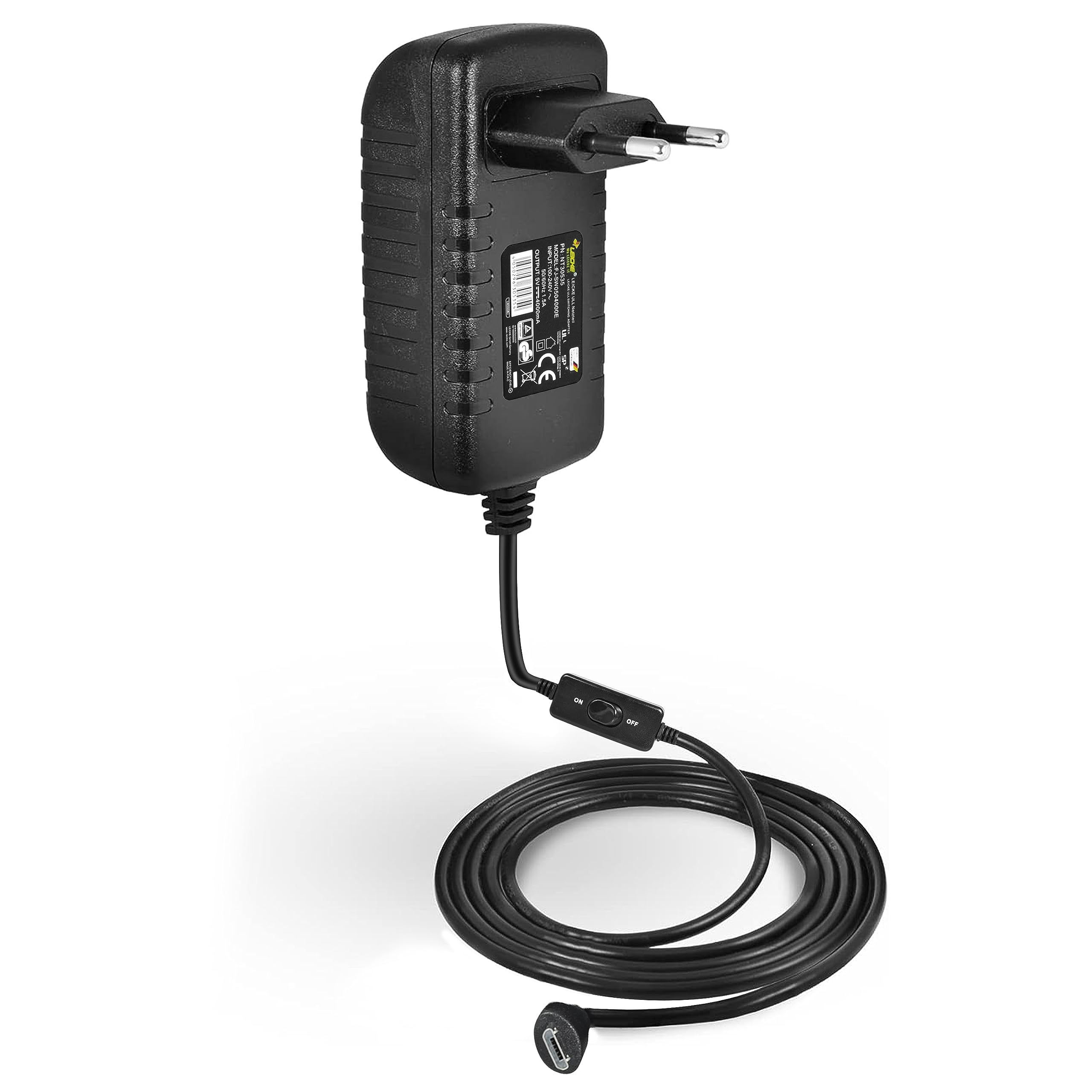 Schwarzes Netzteil mit Stecker und schwarzem Kabel. Es hat einen Ein-/Ausschalter. Das Kabel ist aufgerollt.