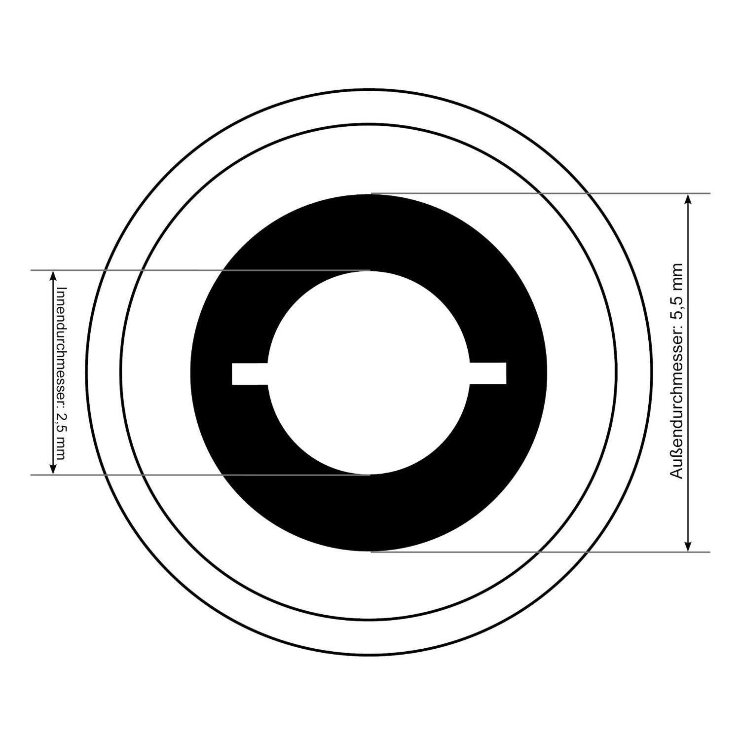 Ein Schwarz-Weiß-Diagramm. Es hat drei konzentrische Kreise mit Messungen und einem Schlitz.
