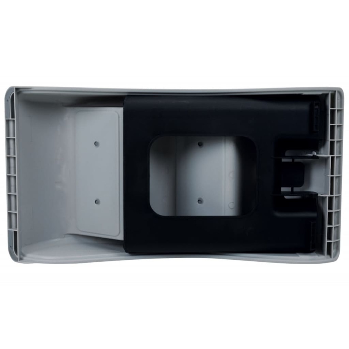 Caja de plástico gris. Dentro, un compartimento negro con tapa abierta y un divisor.